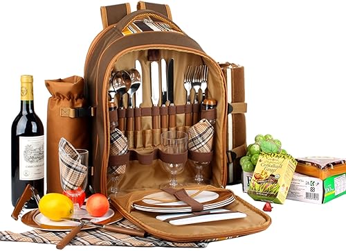 Miniatura 91 de apollo walker Mochila de picnic para 2 personas con compartimento refrigerador, soporte desmontable para botellas/vino, manta de vellón, platos