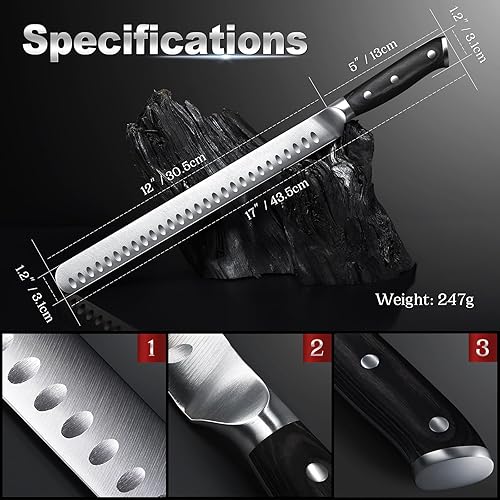 Miniatura 2 de YFWOOD Cuchillo de corte para rebanar, cuchillo de pechuga de 12 pulgadas para cortar carne, barbacoa, pavo  Cuchillos afilados de acero inoxidable