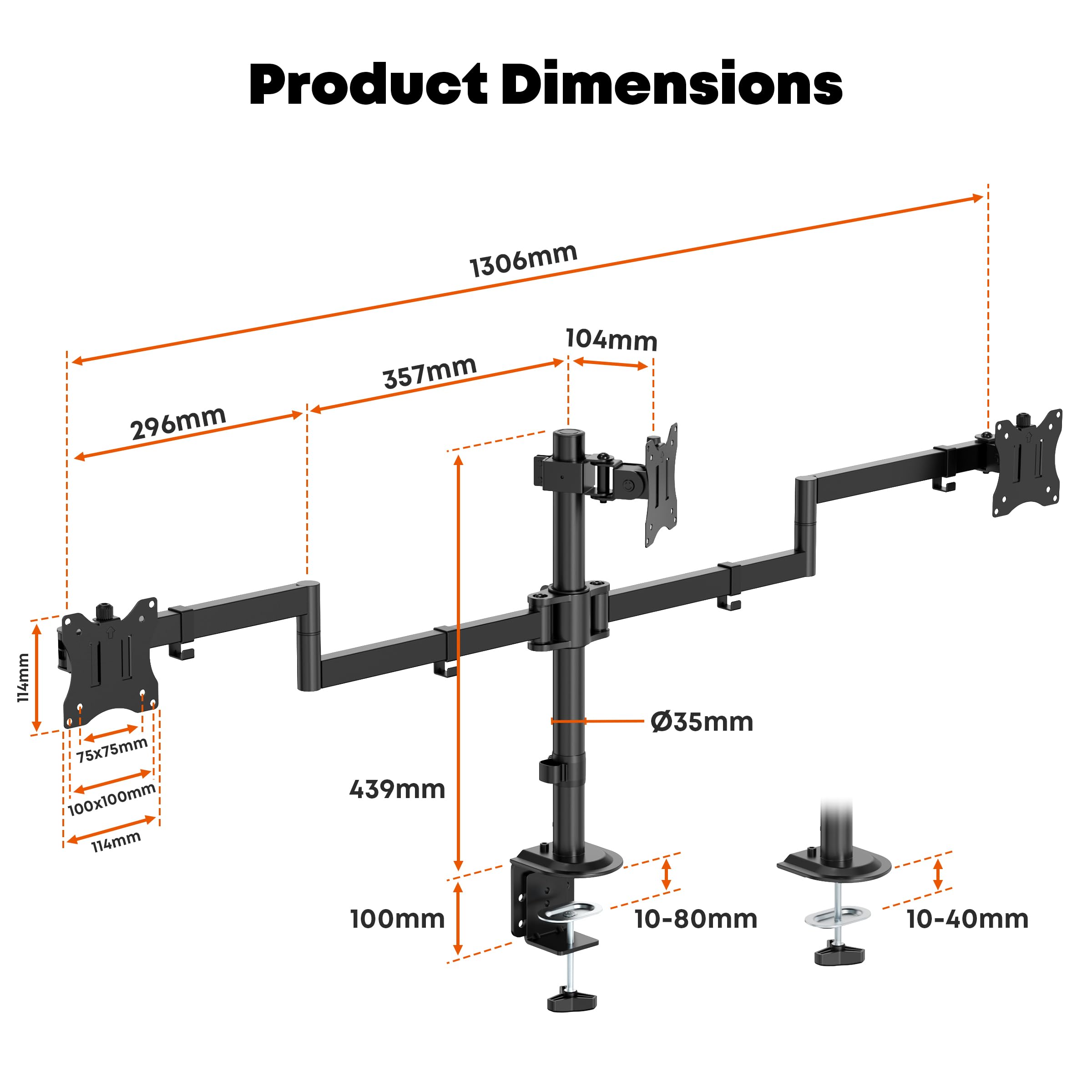 Monitor Halterung 3 Monitore 13-27", VESA 75/100, je 10kg, voll verstellbar | Triple Halterung, Höhenverstellbar, Ergonomisch Tischklemme, Schwarz, Neigung & Drehung verstellbar, Homeoffice & Gaming