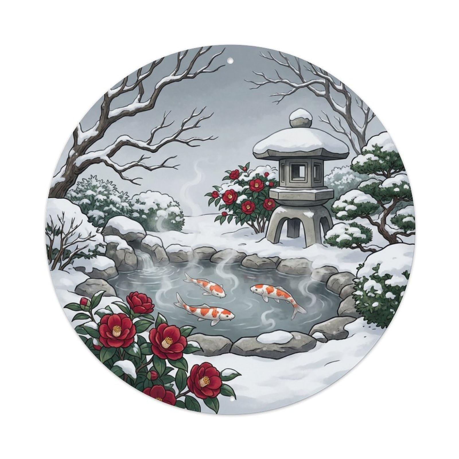 Galvaxio Style Japanese Koi Fish Camellia Winter Red Flowers Metal Tin Sign