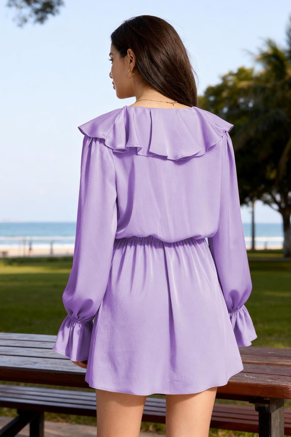 2026 Dresses for Women V Neck Puff Fall Long Sleeve High Waist Ruffle Casual A-Line Swing Mini Dress - Image 5