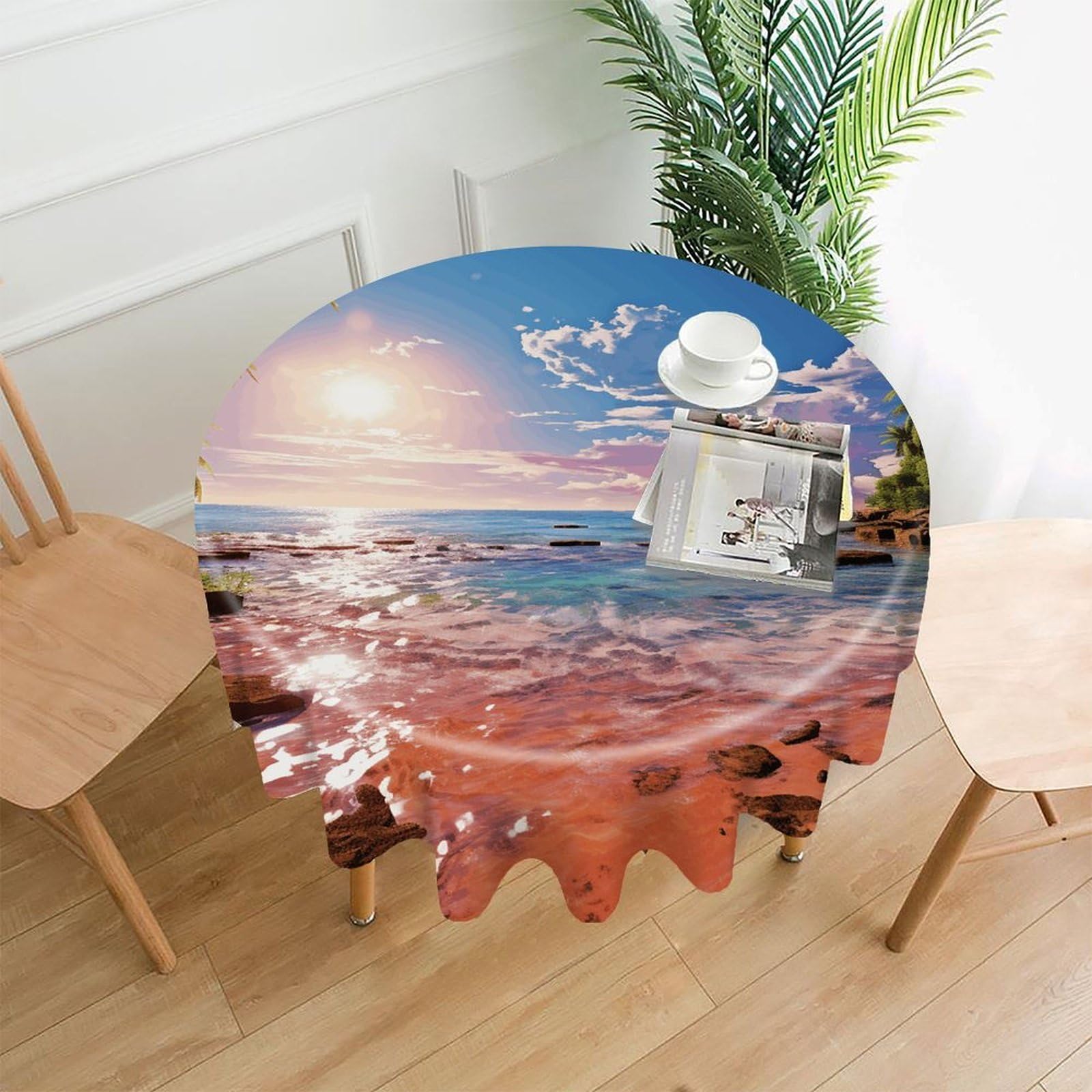 VstaDank Summer Beach with Palm Trees Tablecloth Easy to Clean Polyester Round Table Cover Washable Round Table Cloth Wrinkle-Free Circle Decoration Tablecloth for Kitchen Dining Room 60"
