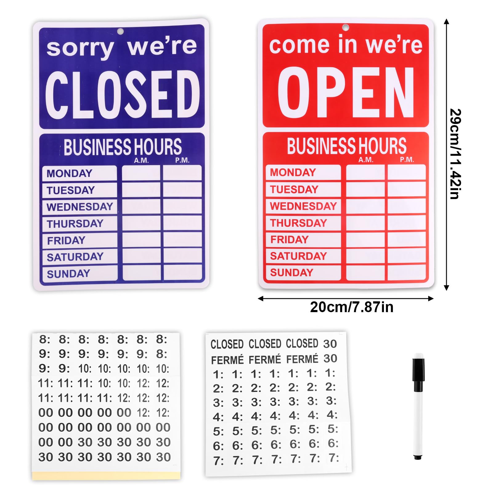 Letrero Horario Comercio, Letrero de Horario Comercial Tienda Escribible de Doble Cara con Bolígrafo y Pegatina Adecuado para Restaurantes Cafeterías Puertas y Ventanas Vidrio