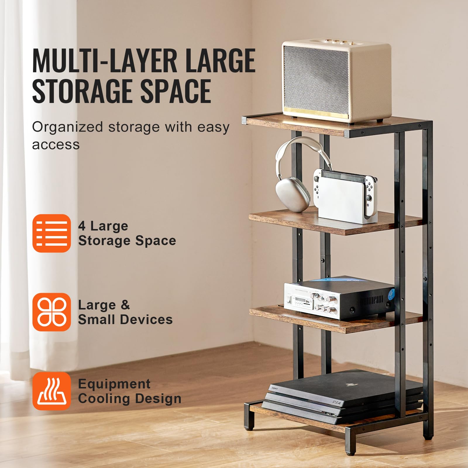 VEVOR Scaffale Portaoggetti Multimediale Altezza Regolabile 420 x 280 x 818 mm, Supporto Multimediale Audio-video 4 Ripiani in Legno per Attrezzatura Multimediale, Mobiletto Portaoggetti Marrone