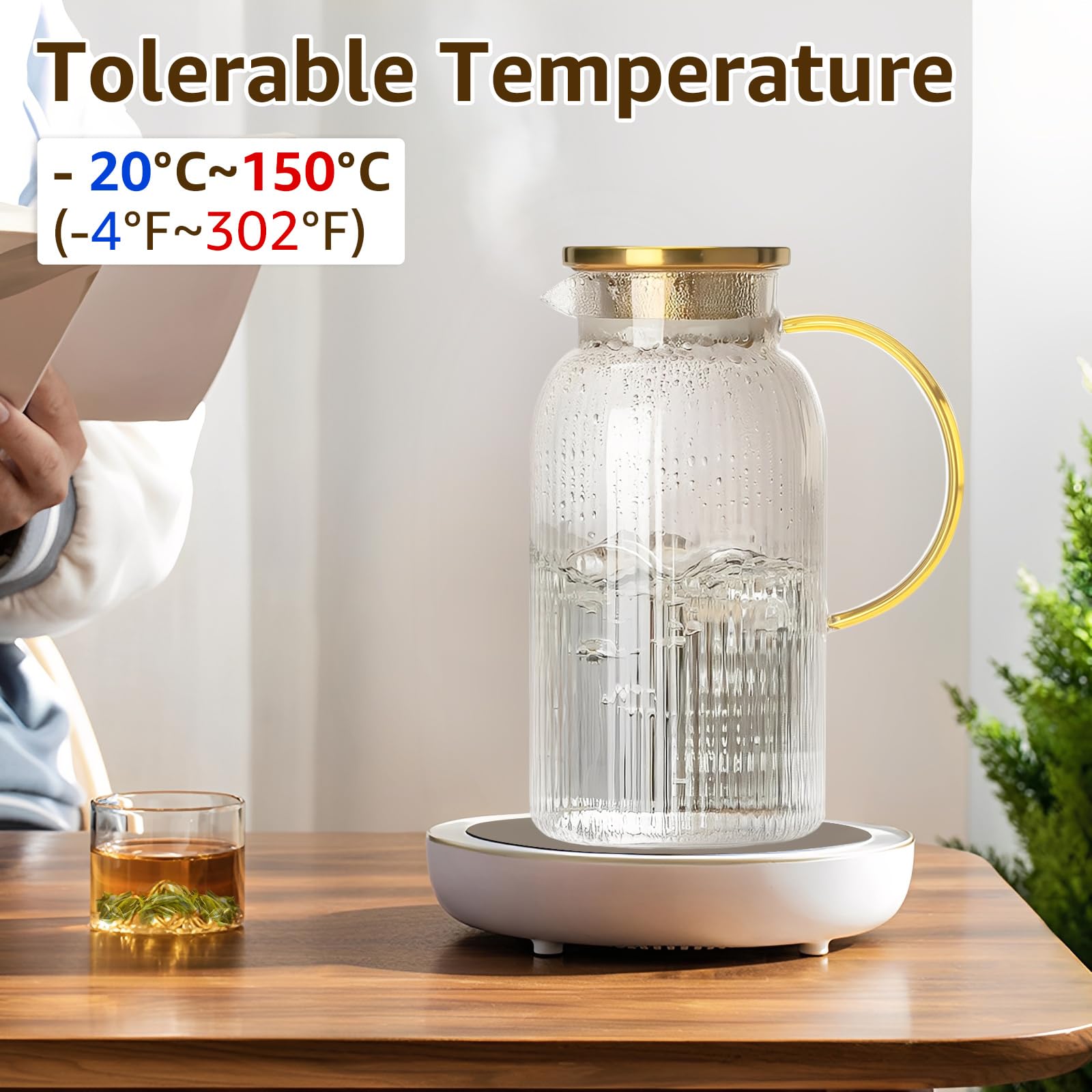 Confezione da 2 brocche in vetro con coperchio, 2 litri, classiche a righe verticali, con manico, caraffa per acqua in vetro, per caffè freddo, tè al sole, bevande resistenti al calore