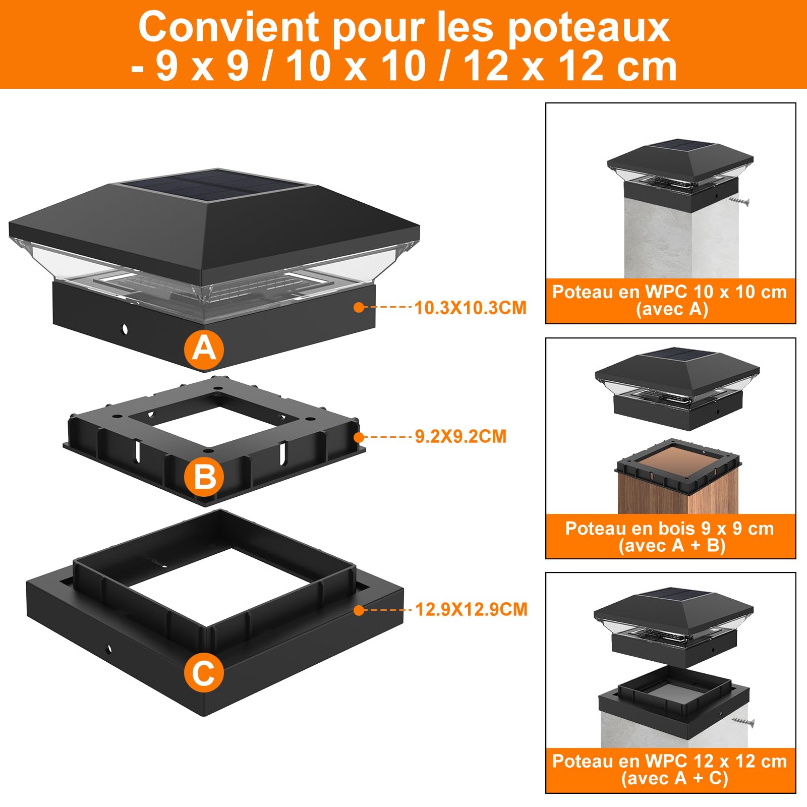 NATPOW Farola Solar de Poste 9x9cm,10x10cm,12x12cm, 4 Piezas 3000K/6000K Luces Solares para Poste, Luz Solar para Postes Exterior IP65 Resistente para Valla, Puerta, Camino de Entrada, Jardin, Negro