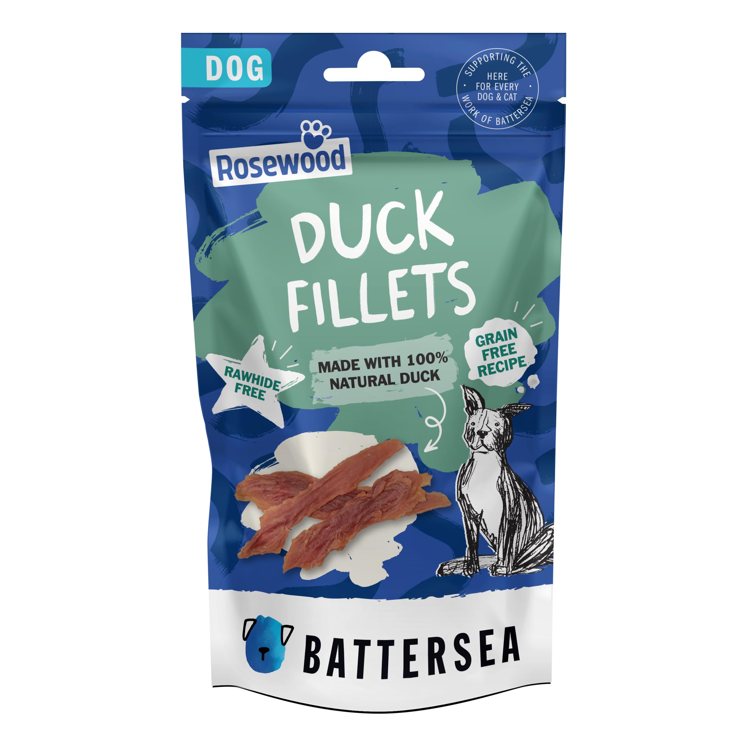 Rosewood x Battersea Duck Fillets Dog Treats – 93% Natural Duck Breast, High Protein, Low Fat, Rawhide-Free Healthy Dog Snacks, Grain-Free Training Treats