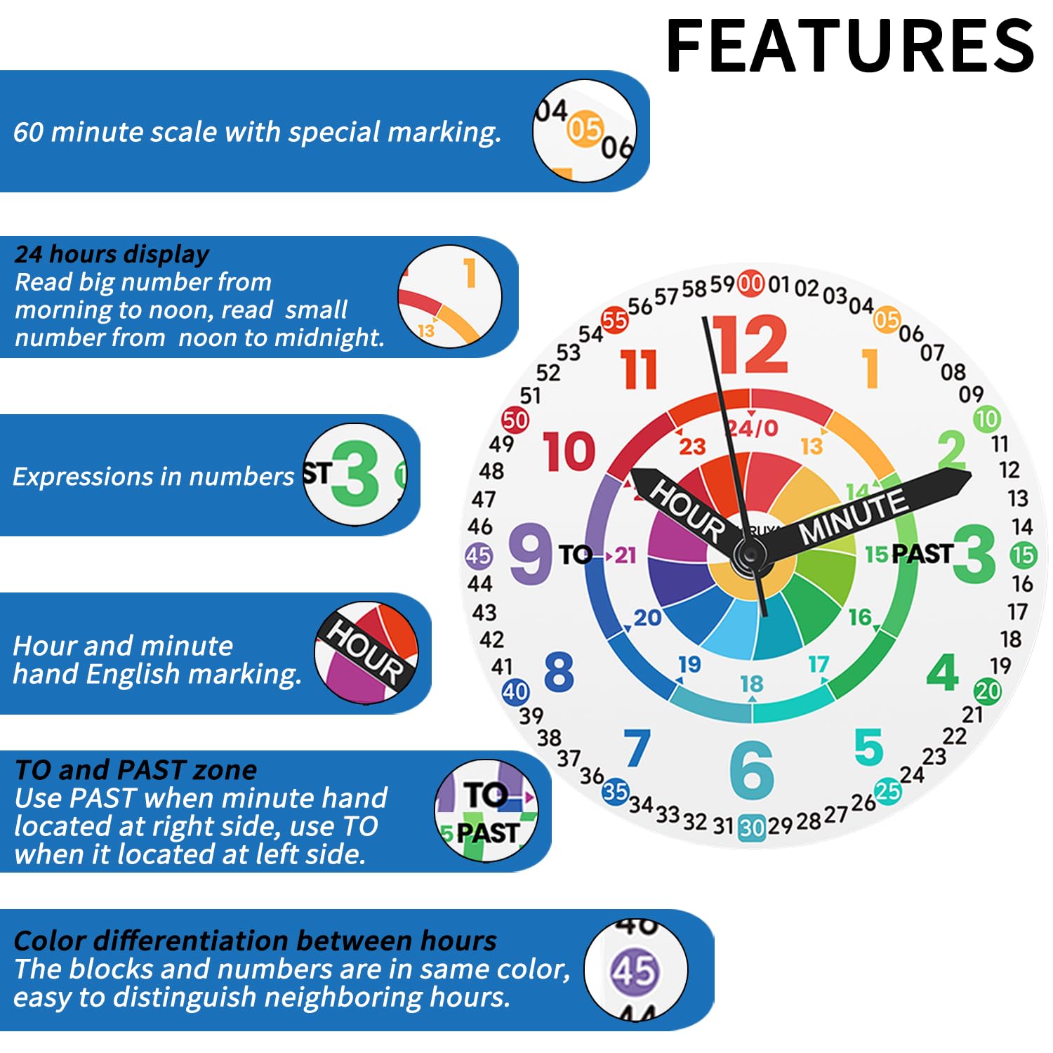 Relojes para niños, reloj de aprendizaje para niños, tablero de dardos para niños pequeños, tiempo de aprendizaje y hora fácil de leer, reloj analógico para niños y niñas de 3 a 11 años, color