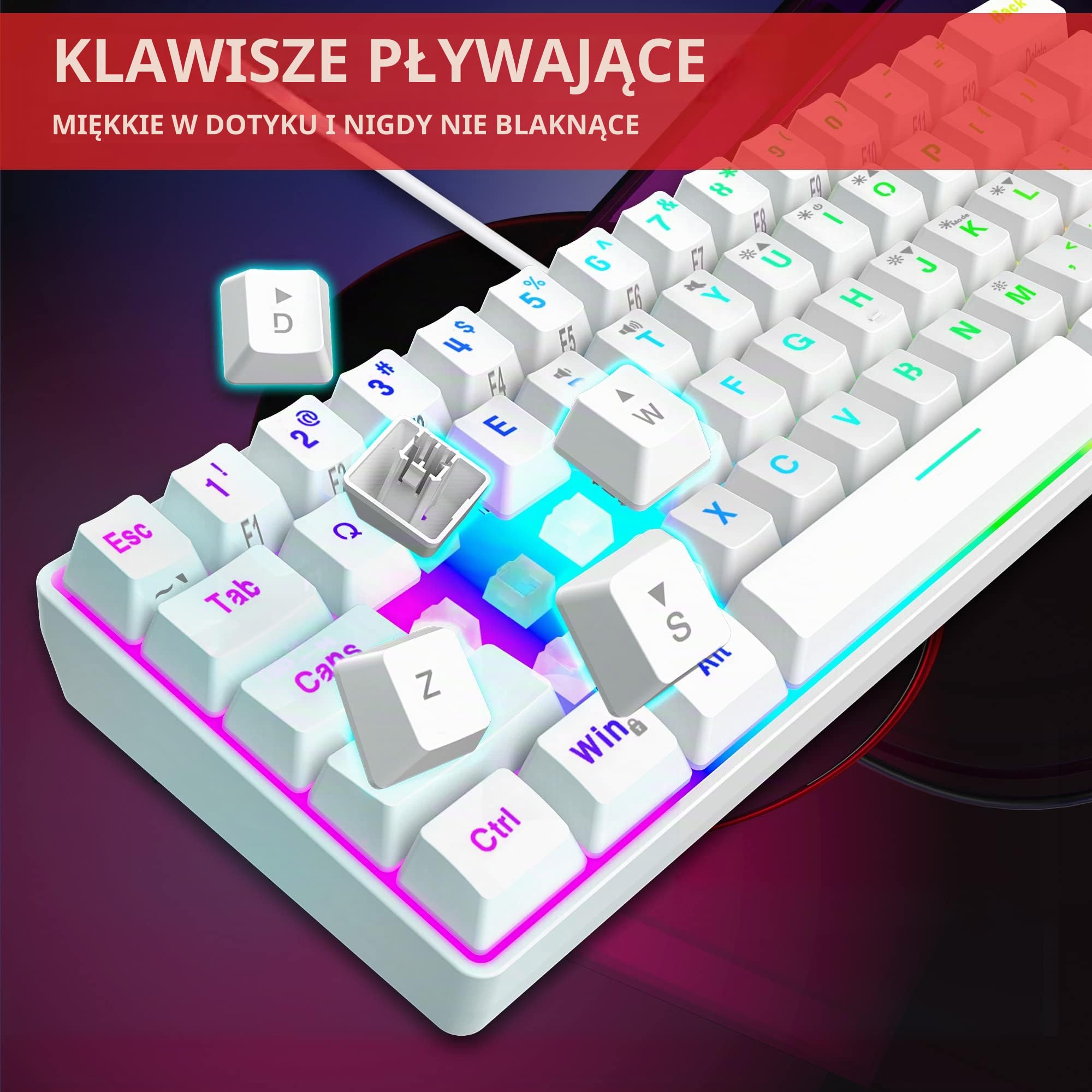 Snpurdiri 60% przewodowa klawiatura do gier, kompaktowa mini klawiatura RGB podświetlana z uczuciem mechanicznym, cicha klawiatura membranowa z USB C, przenośna klawiatura do biura i podróży do