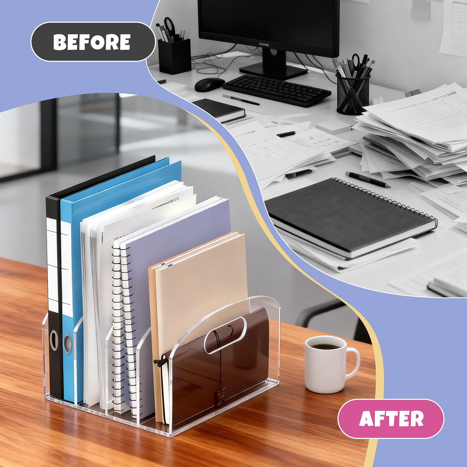 Jumyee Organizer da scrivania in acrilico con manici, 4 scomparti per carta e documenti, per ufficio e casa, forniture scolastiche, organizer da scrivania con bordo rotondo per riviste, cartelle