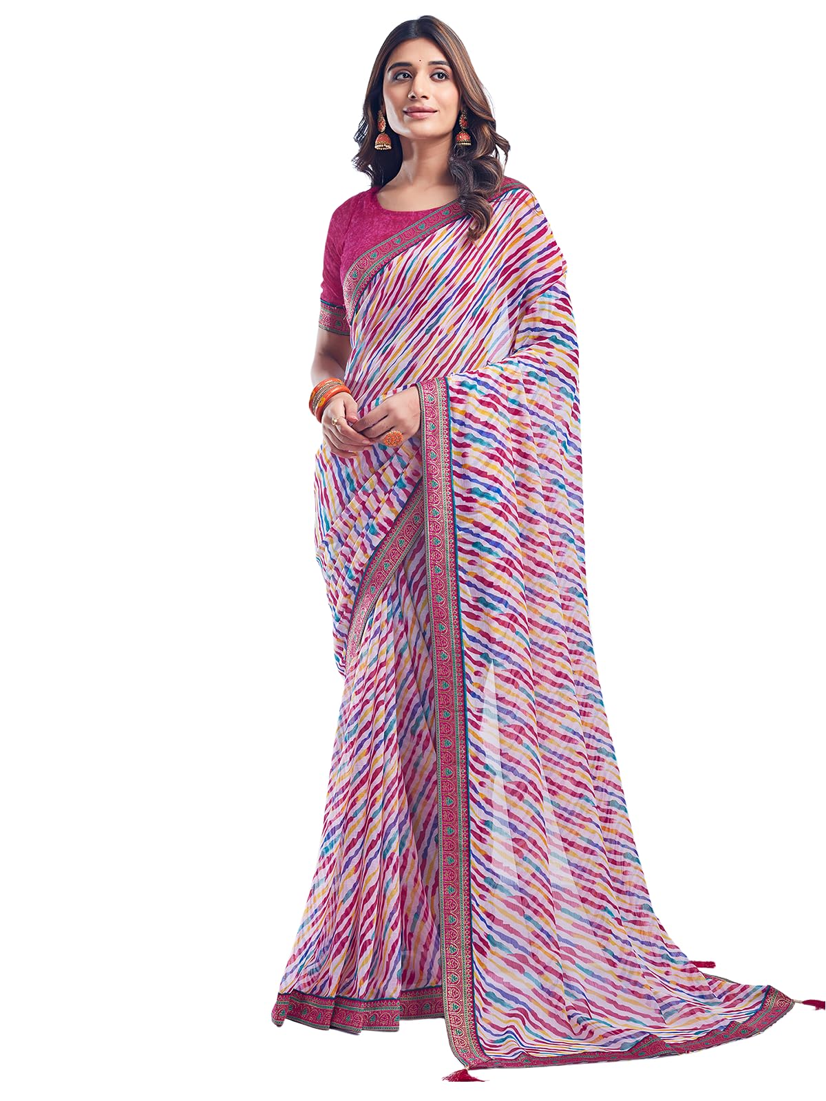 SAMAHWomen's Bandhani Printed | Leheriya Printed Chiffon Saree with Unstitched Blouse Piece