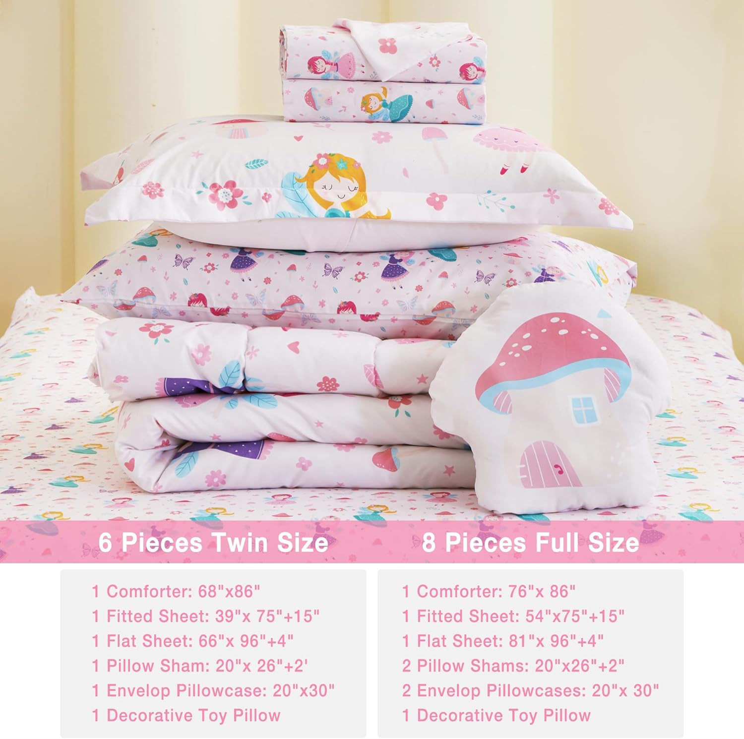 Mooreeke Twin Size Comforter Sets for Girls Kids, 6 Pieces Bed in a Bag Pink Fairy Bedding Comforter Sheet Set with Shams and Decorative Toy Pillow, Ultral Soft Microfiber Kids Bed Set - Image 6