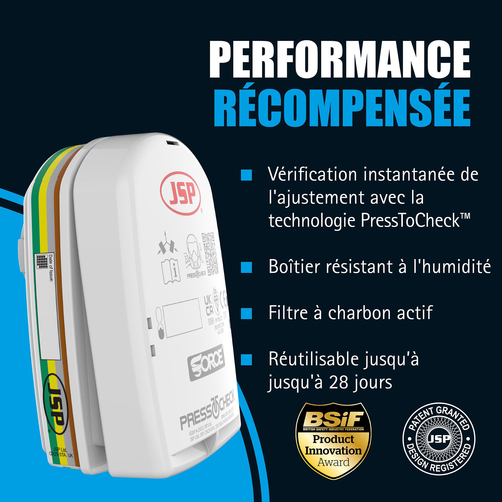 JSP Filtres ABEK1P3 PressToCheck (1 Paire) pour FORCE8 & FORCE10 | Protection gaz, vapeurs, ammoniac, gaz acides et poussières. Bricolage, industrie. EN 14387.