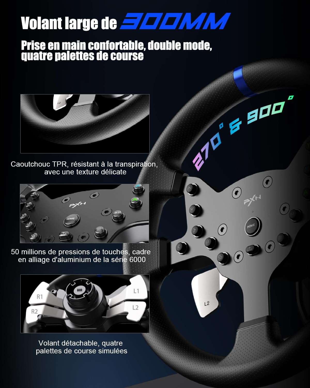 PXN V99 Volant de Jeu – Retour de Force 3,2 Nm, 270°&900°, 300mm, 4 Palettes, 3 Pédales, Levier de Vitesses en H, Application de Réglage – Volant pour PC, Xbox, PS4