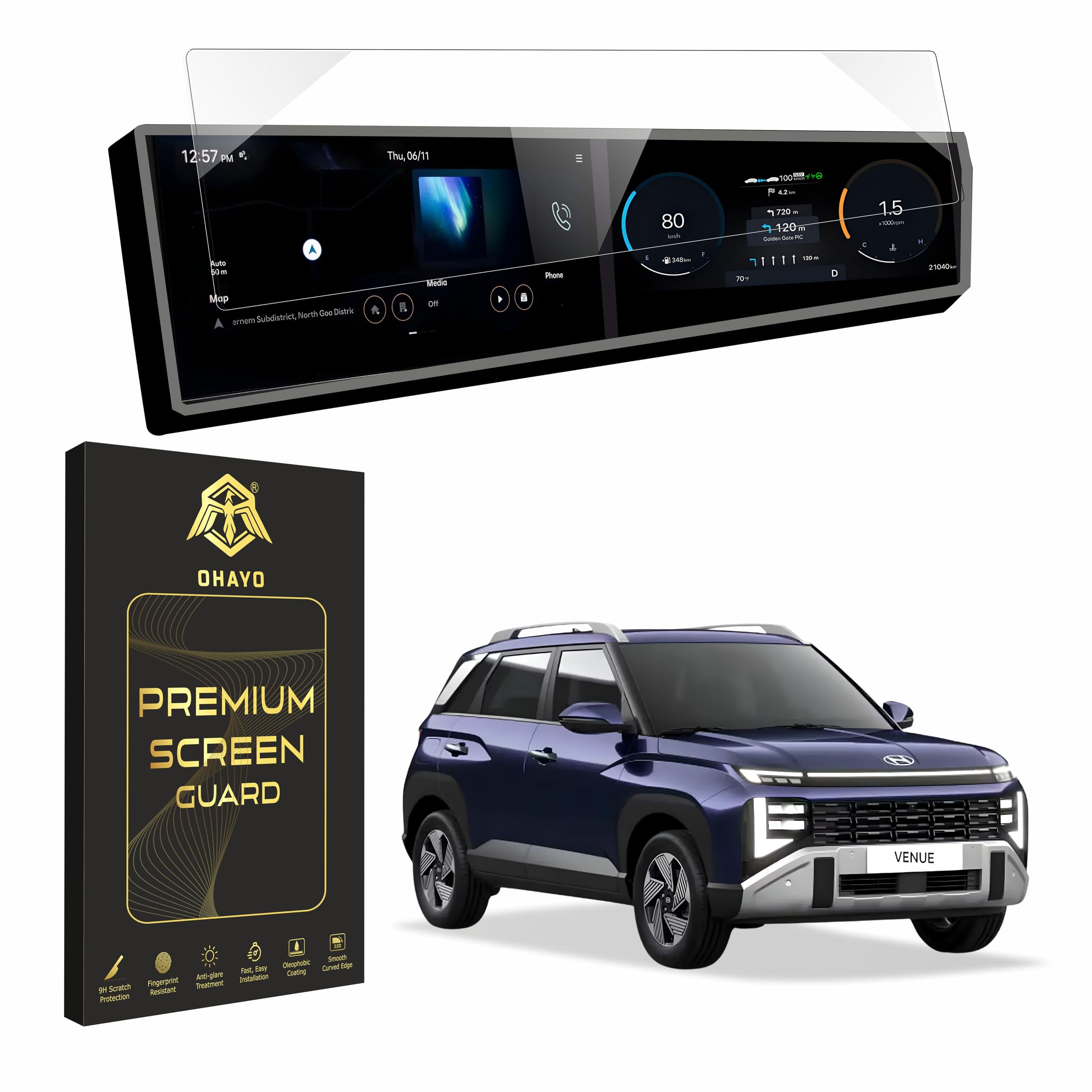 OHAYO Military Strength Screen Protector for HYUNDAI Strong Protection, Full Screen Edge-to-Edge Cover, Scratch Resistant, Bubble-Free Installation, Ultra HD Clarity,With installation kit (HYUNDAI VENUE 2025)