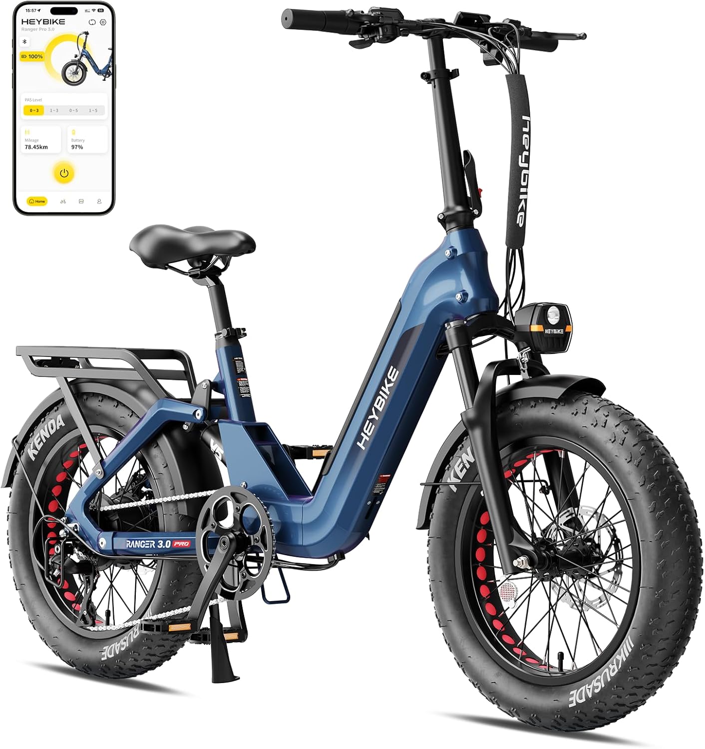 Heybike Ranger 3.0 Pro Bici elettrica pieghevole, 90 miglia a lungo raggio, 1200W Motore di picco 28 mph, 720Wh Batteria rimovibile, Sblocco NFC, 20 "*4 Fat Pneumatici Ebike passo-thru, Sospensione completa e freni idraulici Bicicletta