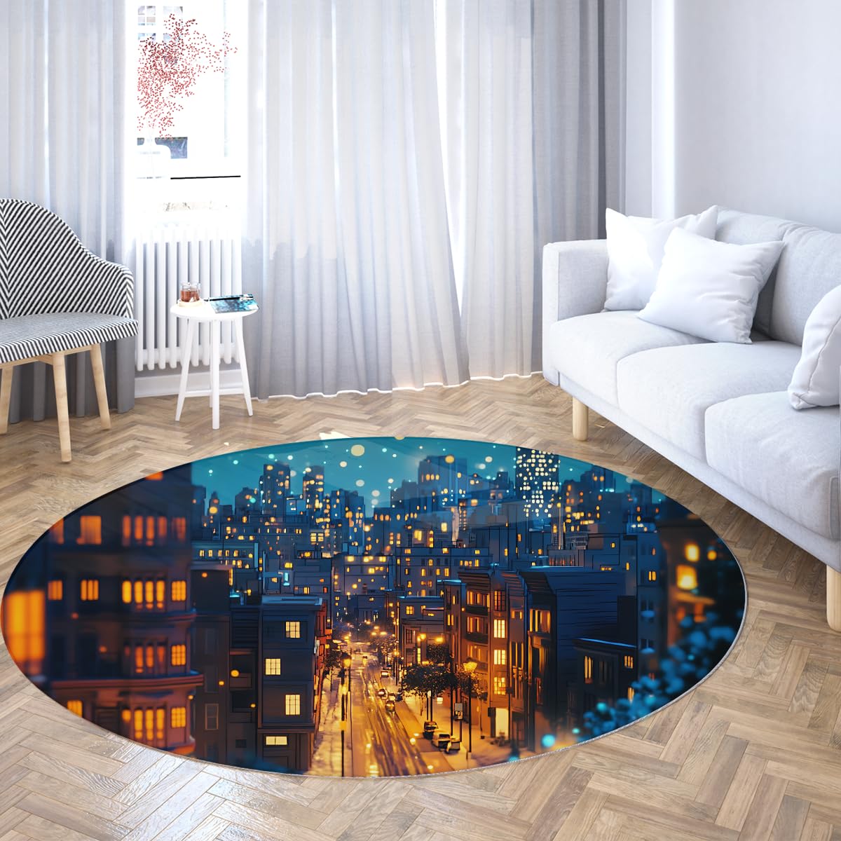Tapis de chambre d'enfant scène de nuit de la ville tapis rond antidérapant