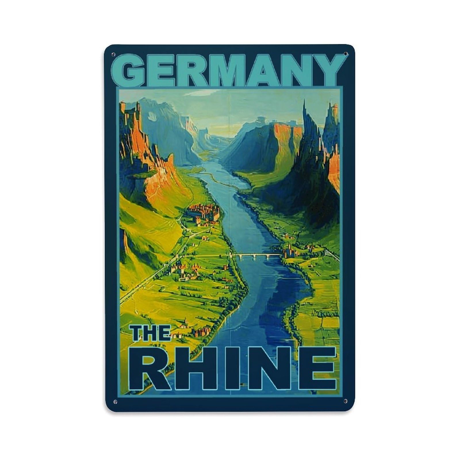 Jdfenggu Vintage Germany Rhine River Landscape Poster Retro Metal Tin Sign, Decor Art Poster For Bar, Home, Man Cave, Kitchen, Laundry Room Gift 8X12inch