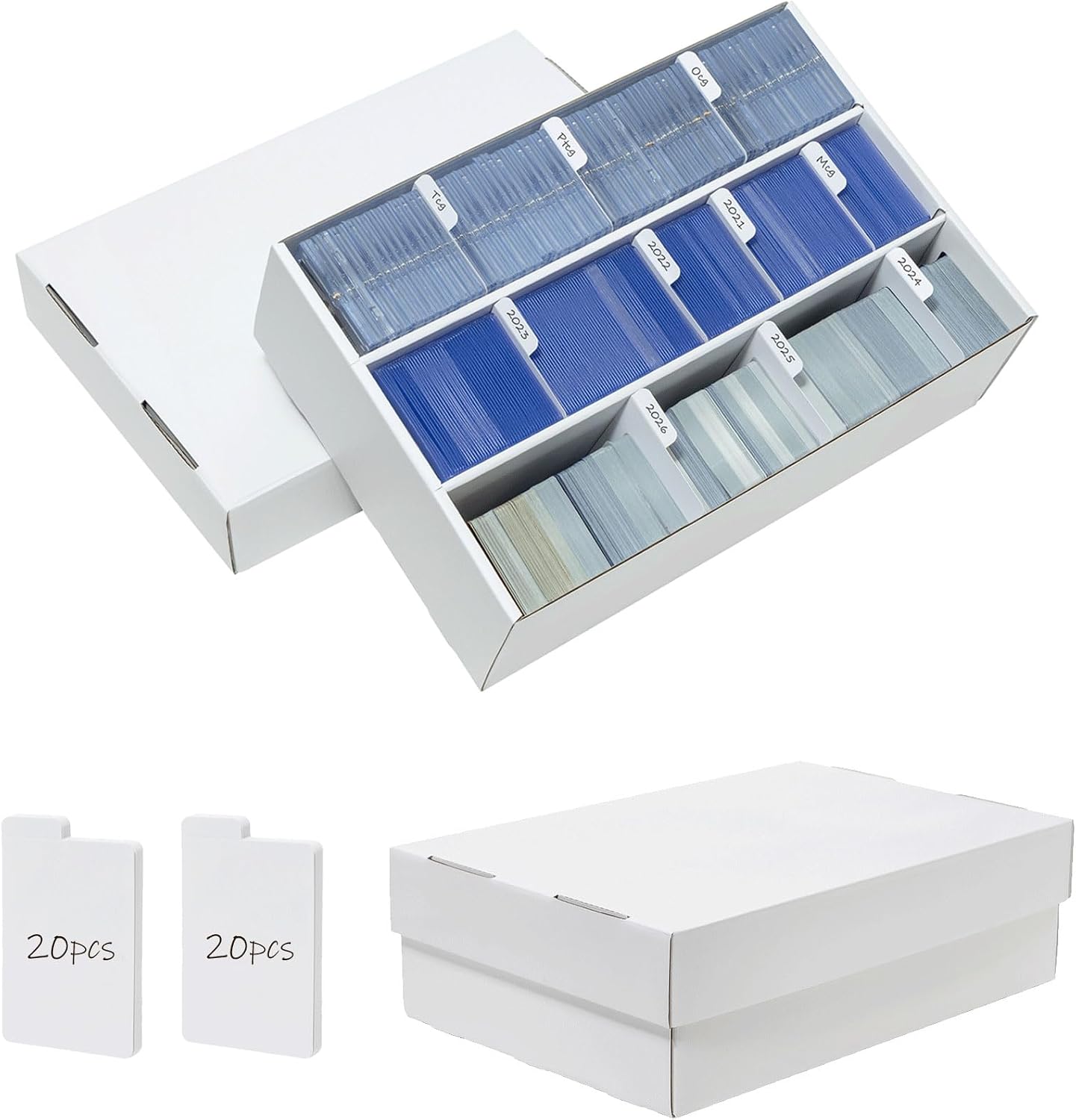 QINGUANG 2 Pack Trading Card Toploader Storage Box Cardboard 3 Rows | for MTG/TCG/PTCG Sports Card Colletion | with Dividers | Holds 3000+ Raw Cards | 600+Toploader | 200+ Magnetic Holders