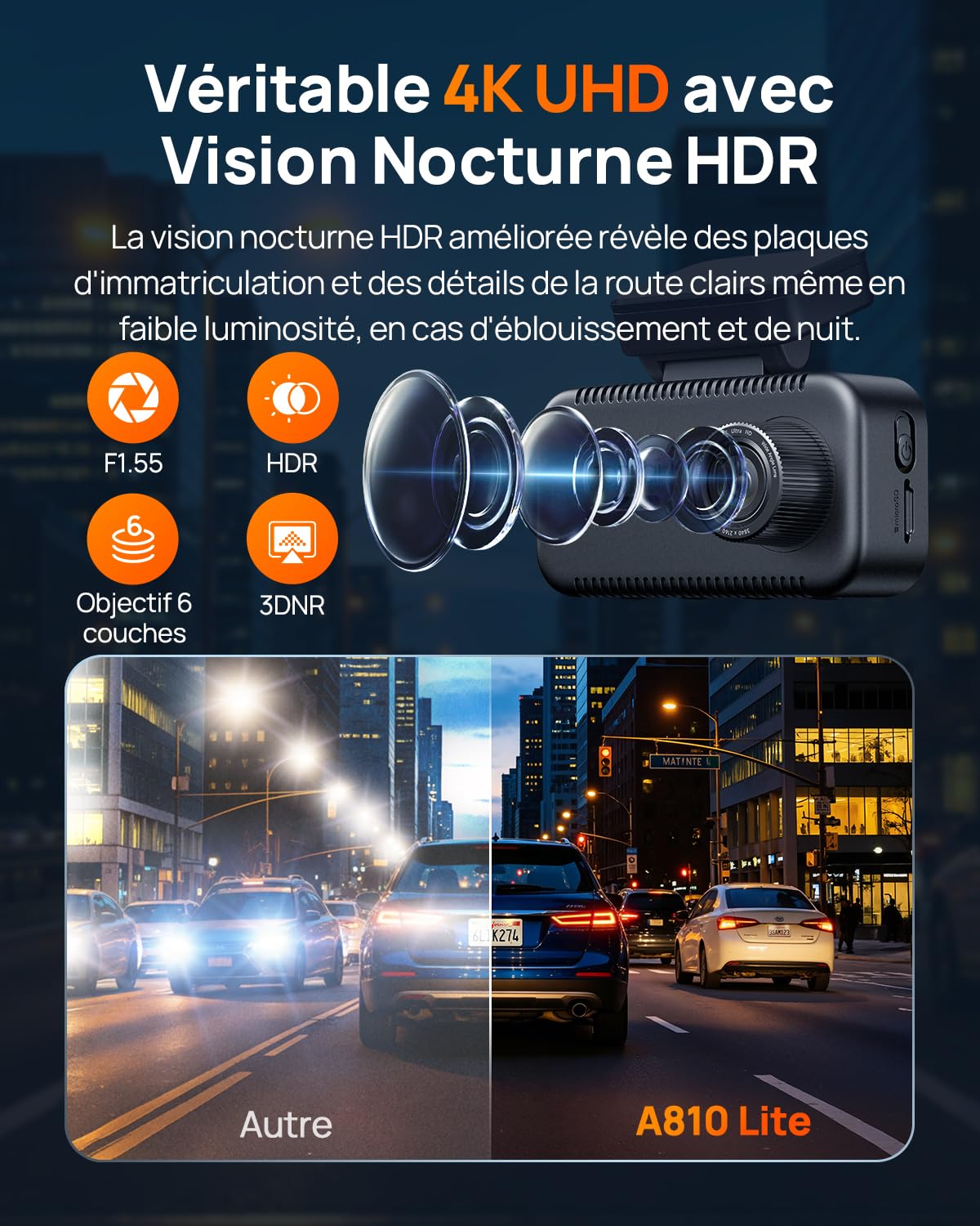 70mai Dashcam Voiture Avant et Arrière A810 Lite , 4K Dash Cam Compatible 4G LTE WiFi 6 5GHz, Vision Nocturne HDR, Mode Stationnement 24H, Suivi GPS, Verrouillage d’Urgence, Enregistrement en Boucle