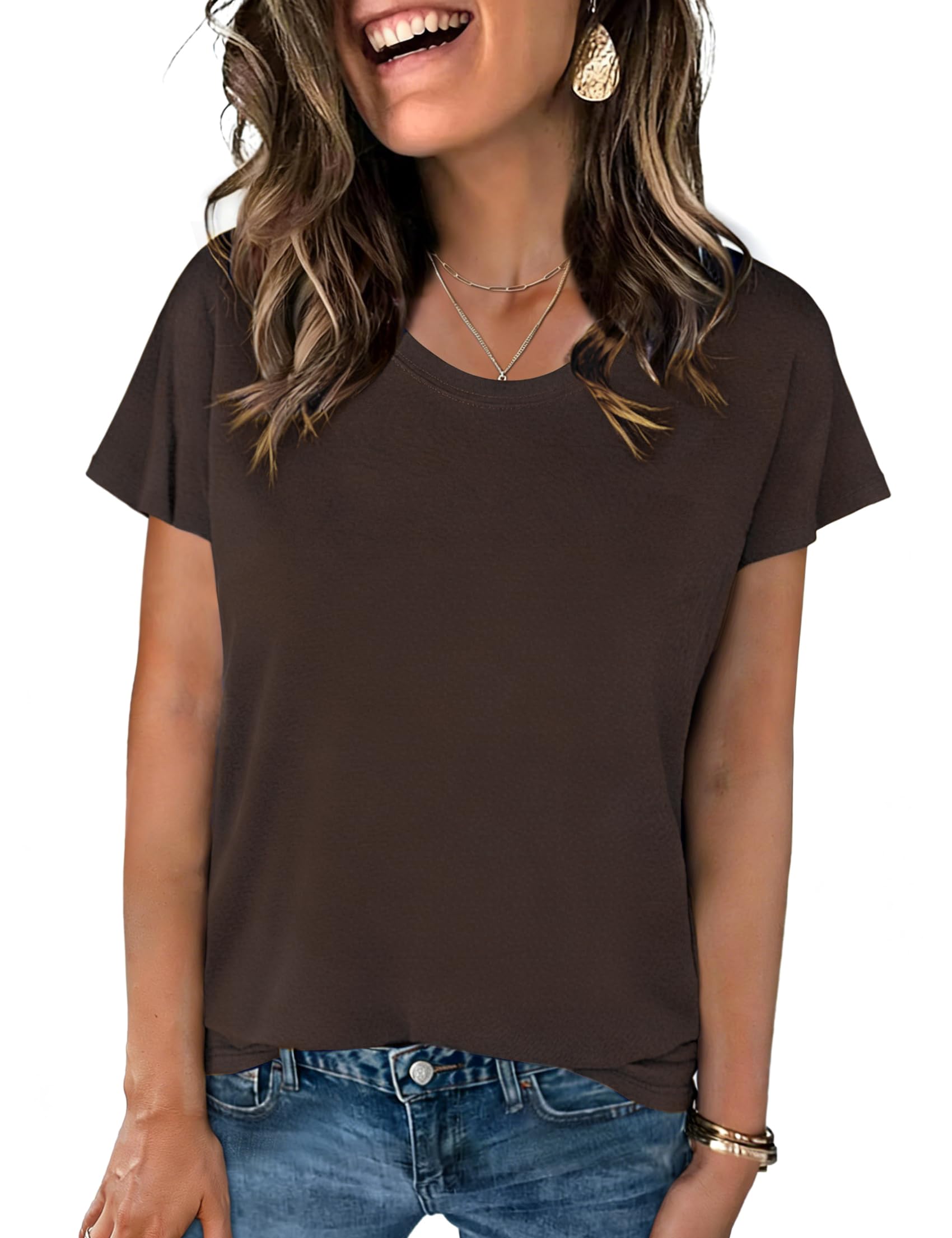 Crewhpo T Shirt Damen Kurzarm Einfarbige Shirts Sommer Basic Shirt Kurzärmeliges Casual Top Stretch Baumwolle Oberteile Lockeres Elegant