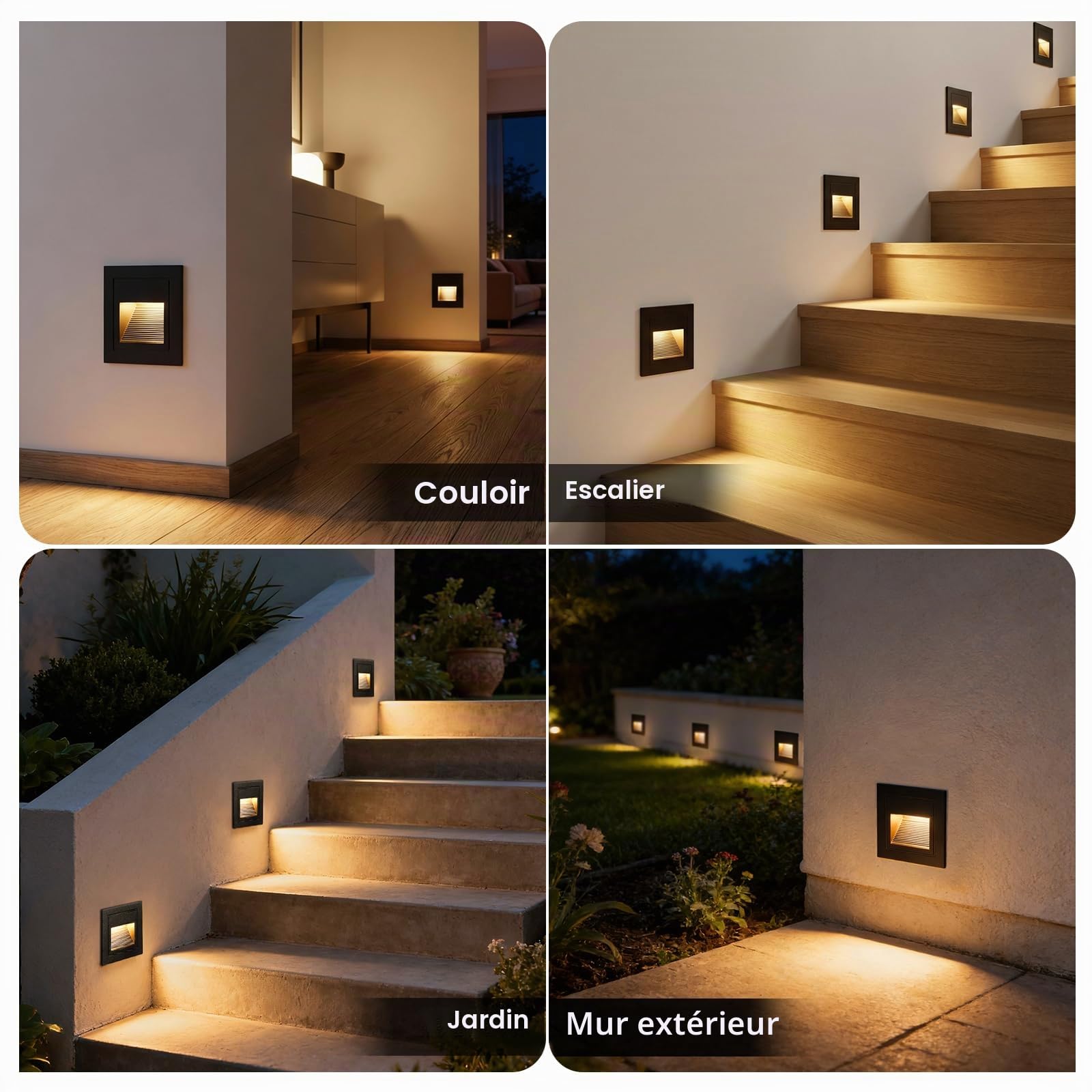 Eclairage Escalier 3W 300lm - 6 Pièces, 3000K Luminaire LED, 85x85mm, IP65 Applique Encastrée, 230V Luminaire D'escalier pour Escalier Mural, Douilles Encastrées 68mm, Aluminium Noir