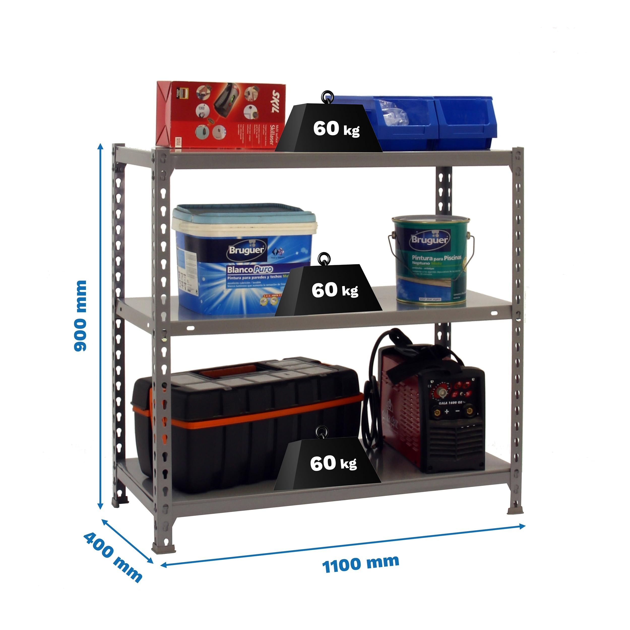 Simon Rack Regał metalowy 900x1100x400 mm, 3 półek, nośność 60 kg na półkę, regał magazynowy i garażowy, stabilna konstrukcja, łatwy montaż, kolor Szare – Simon Classic