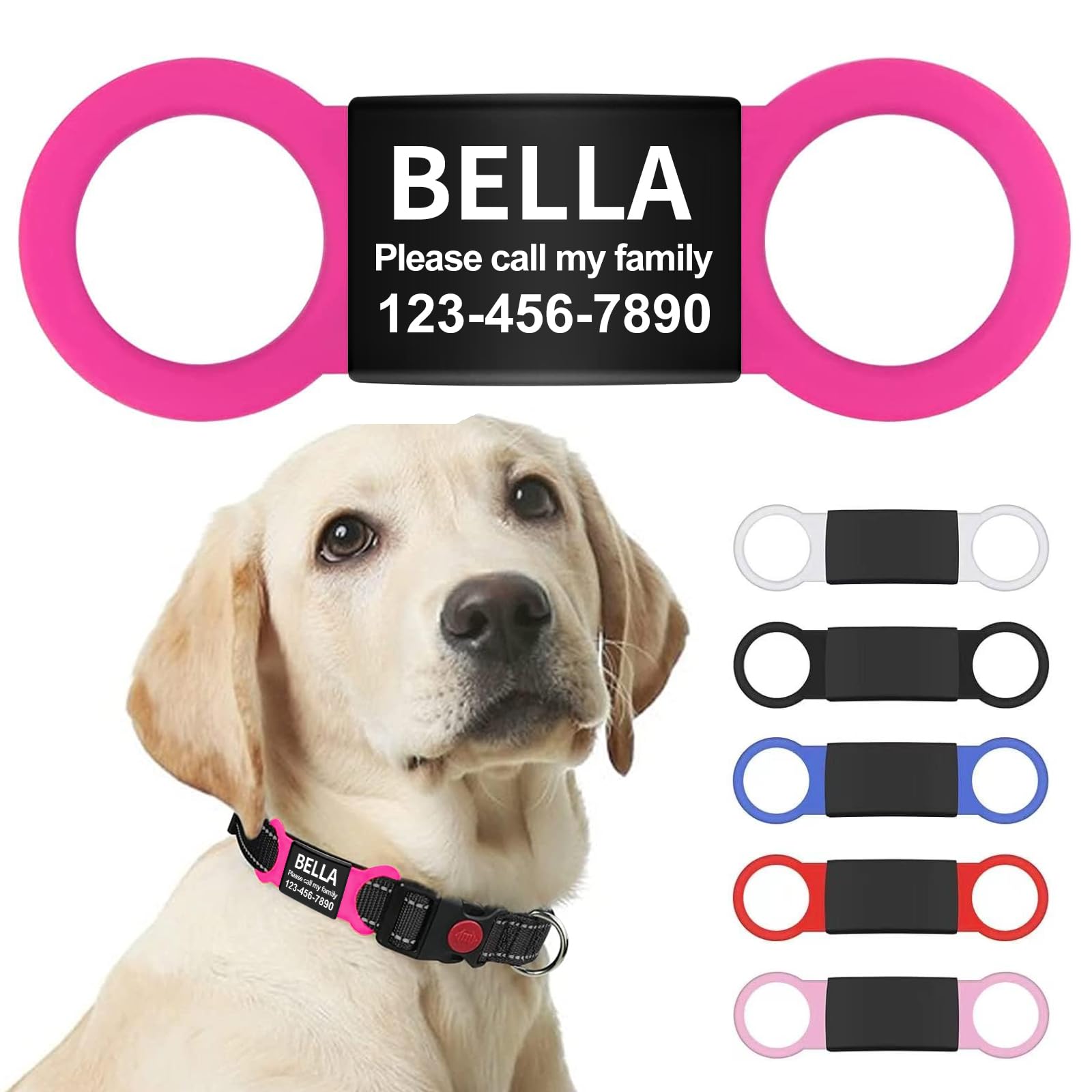 LaReine Silent Slide On Pet ID Tags, Personalized Laser Engraved on Collar, Colored Elastic Silicone Band and S/M/L/XL Black Stainless Steel Cat Dog