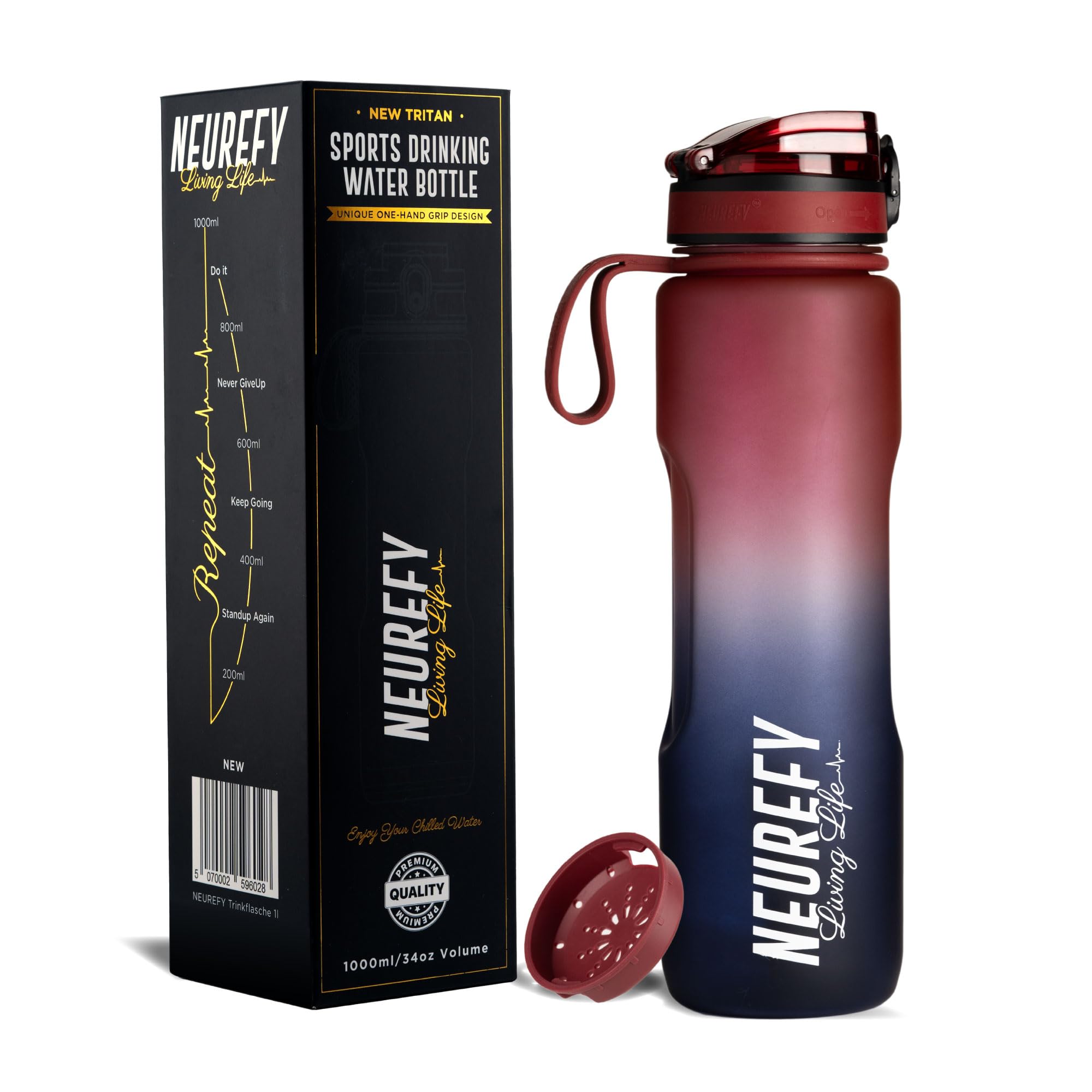 NEUREFY Gourde 1 L En Tritan, Rouge, Bleu, Anti-fuite, Antidérapante, Sans BPA, Avec Indicateur De Quantité De Boisson Et Passoire, Bouteille D'eau, Pour Extérieur, Bureau, Université, école