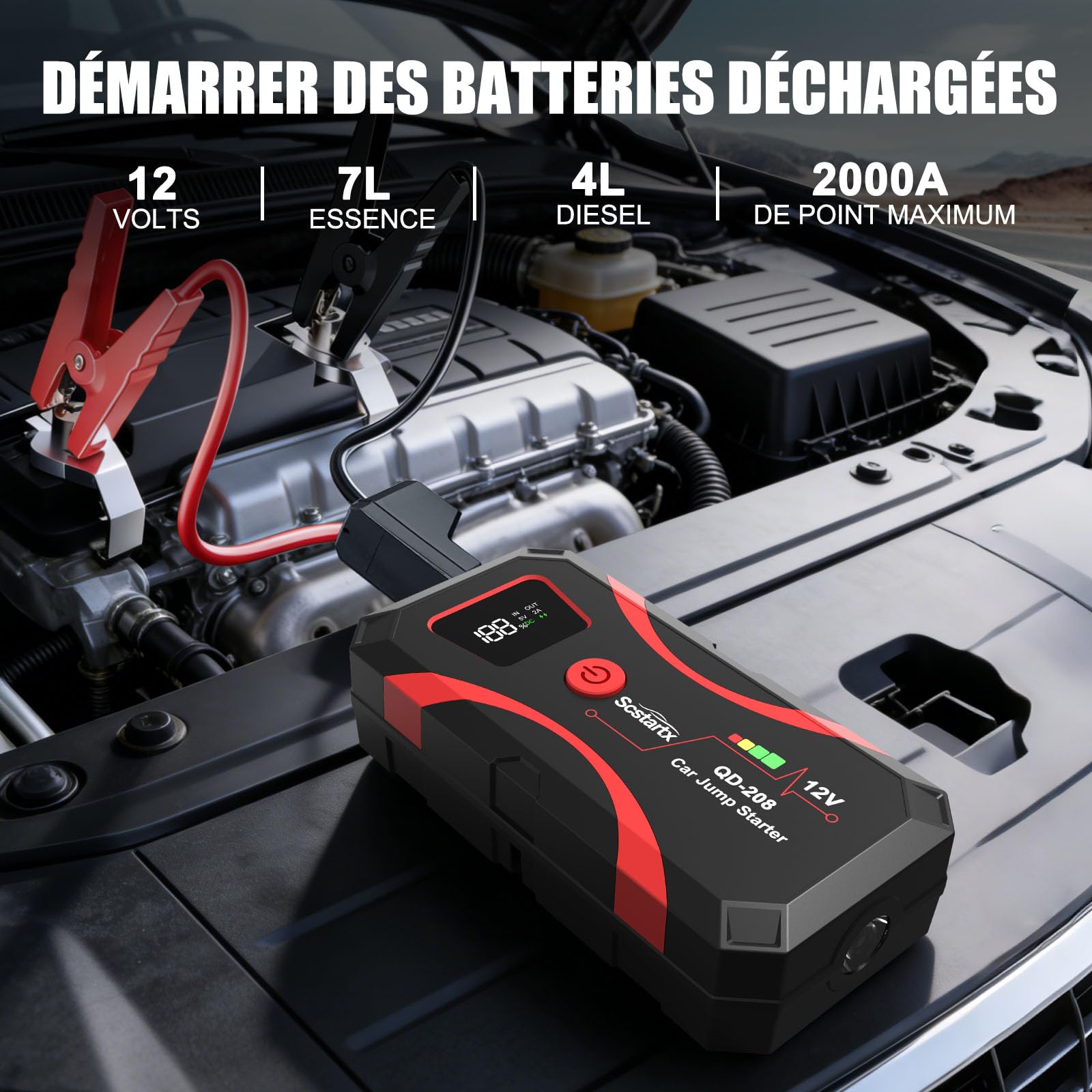 Démarreur de Saut de Batterie de Voiture, Batterie de Puissance Portable 2000A Peak Jump Box pour Moto jusqu'à 8L gaz et 6L Diesel 3 Modes Lampe de Poche et Pinces de Saut de sécurité
