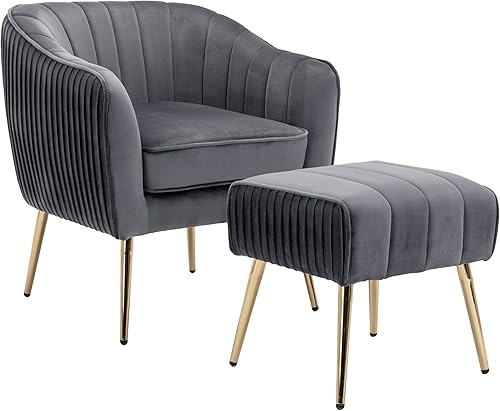 Miniatura 1 de GOOLON Silla decorativa de terciopelo tapizada para sala de estar con reposabrazos silla lateral con reposapiés, sillón otomano copetudo con pata