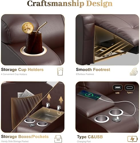 Miniatura 5 de Sofá Reclinable, Juego de Sofá Reclinable con Masaje de 3 Plazas de Gran Capacidad, Sofá de Dos Plazas para RV con Consola, USB, Puerto Tipo C