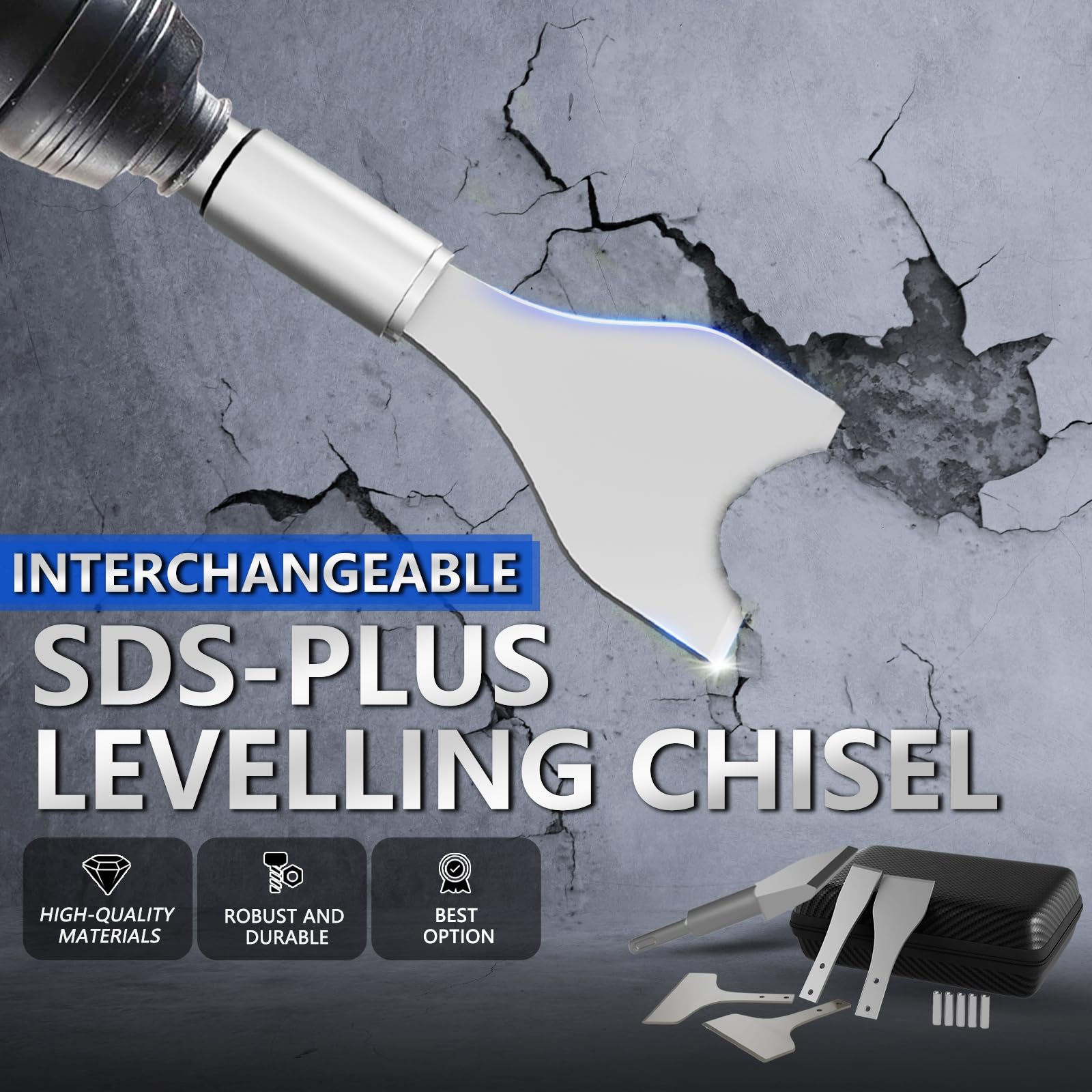 Ensemble de ciseaux de 75 mm et 110 mm avec tiges SDS Plus, kit d'outils en acier 40Cr comprenant 4 lames de rechange et un étui de rangement de qualité supérieure pour carrelage, béton, maçonnerie et