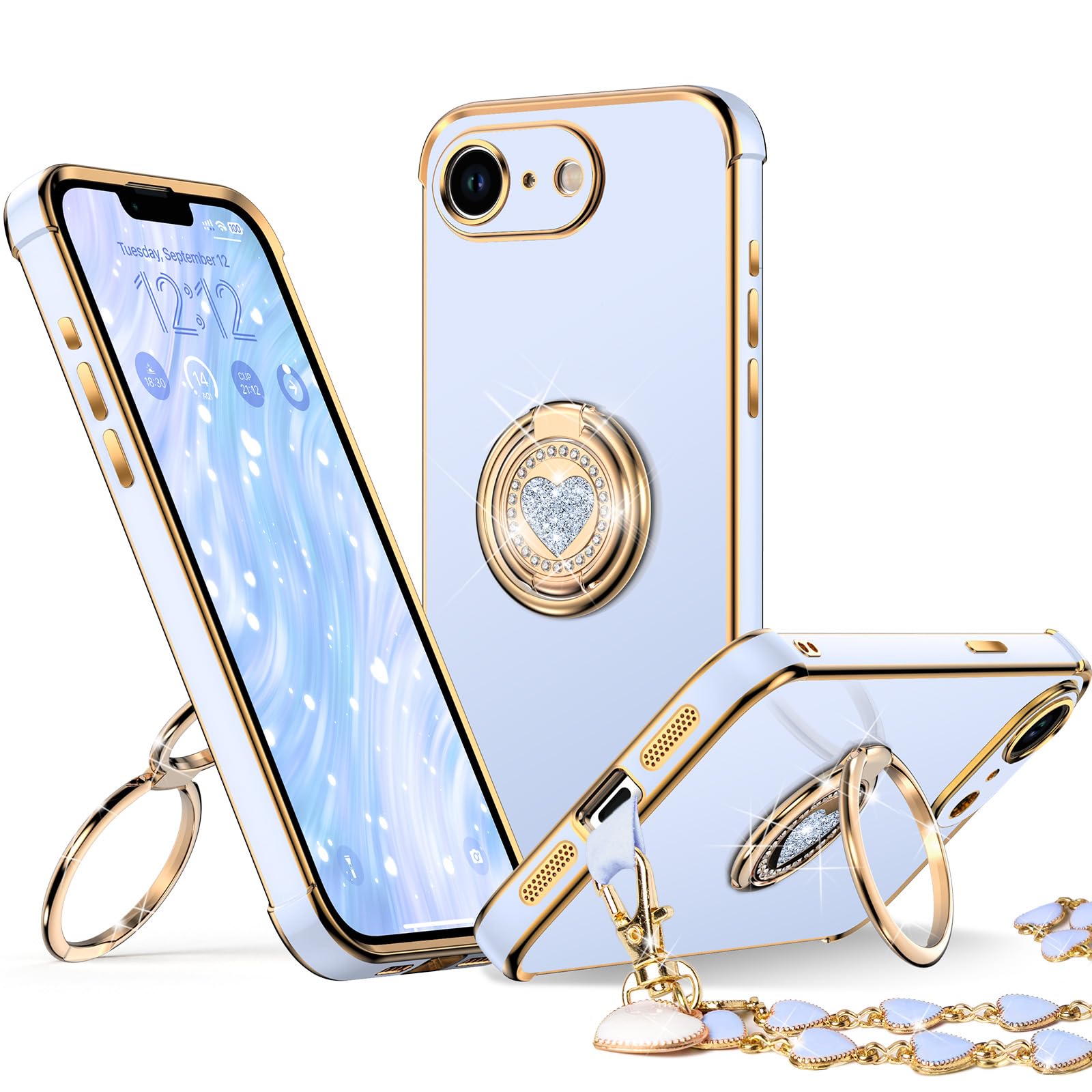 Coque iPhone 16E chic avec béquille double anneau bleu luxe - 8