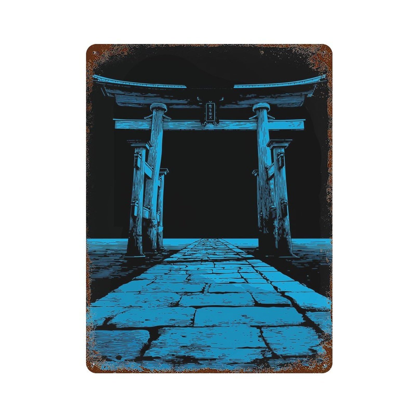Garage Style Blue Torii Gate And Stone Path Decorative Tin Sign 15.7"x11.8", Farmhouse Wall Decor for Bar And Workshop