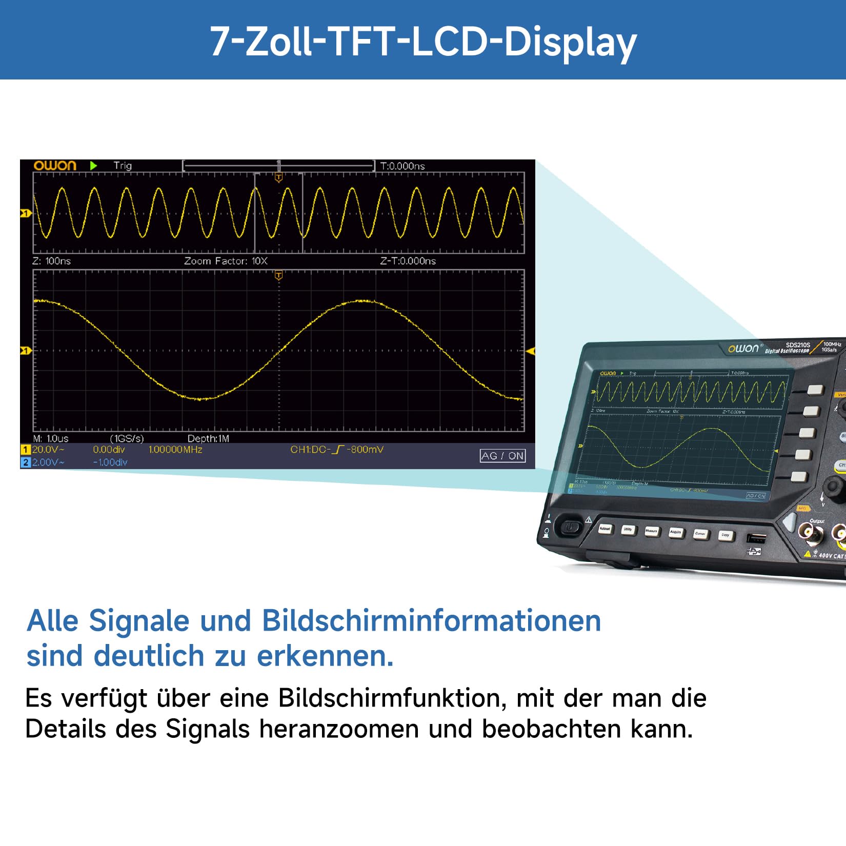 OWON Digitales Oszilloskop mit Zweikanalkanälen und 7-Zoll-Bildschirm, TFT-LCD-Display, tragbares Oszilloskop mit 1GS/s Abtastrate, Bandbreite 100 MHz, 8K Wellenformlänge, SDS210S