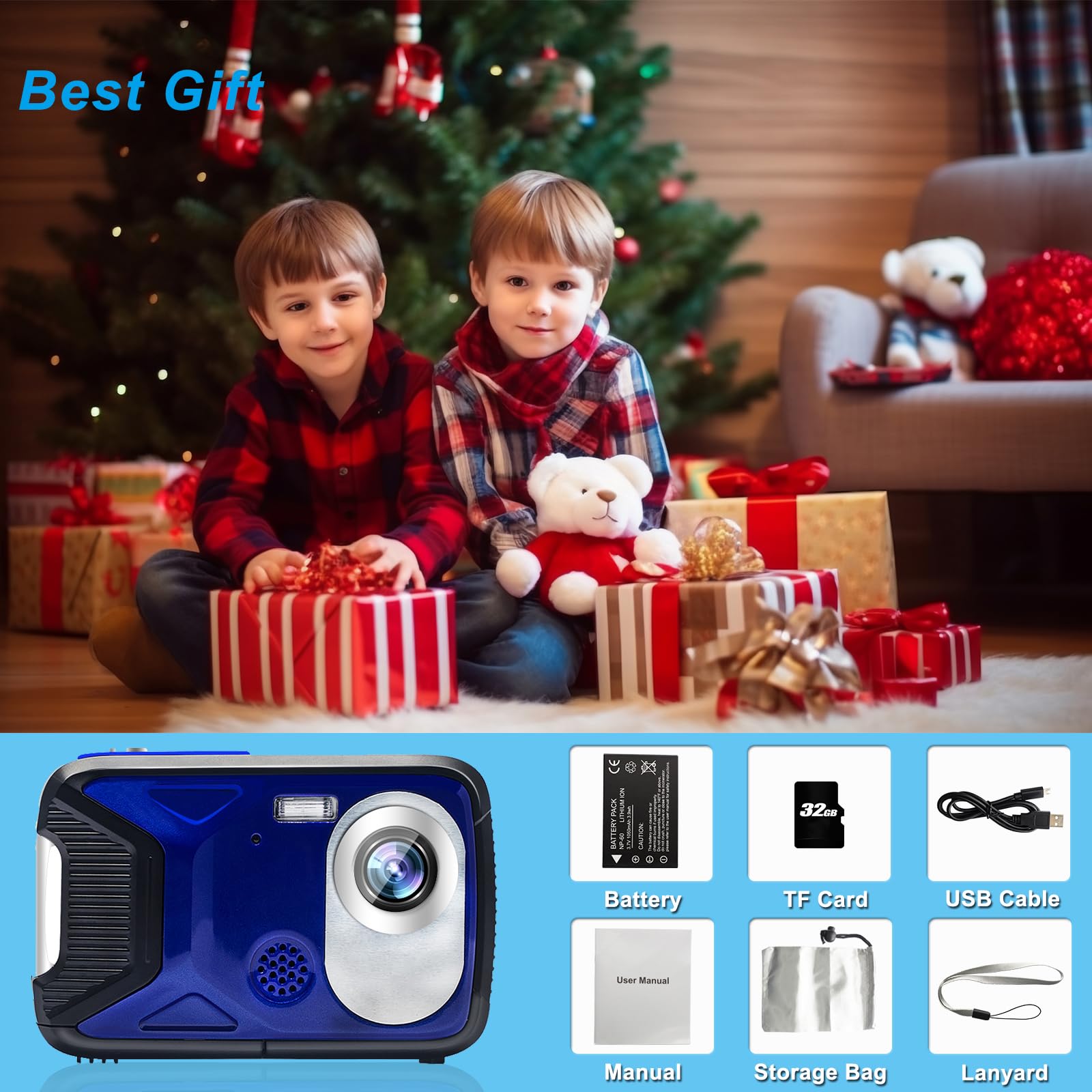 Appareil photo numérique étanche 21 MP 1080p avec flash LCD de 7,1 cm, rechargeable HD pour garçons et filles avec tuba, voyage/cadeau (bleu)