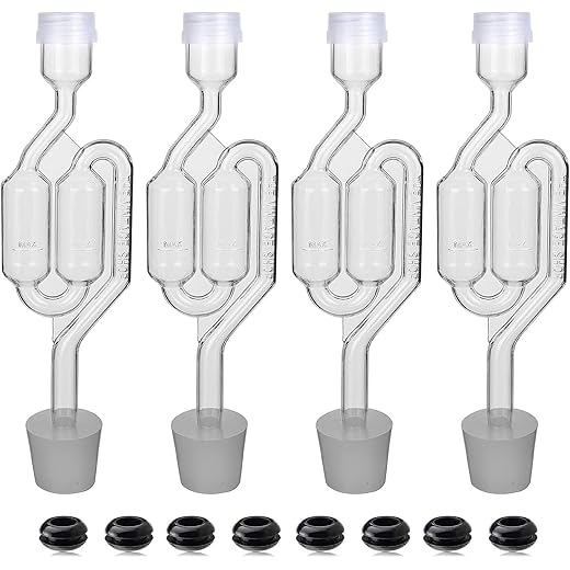 Bubble Airlock Set, 4 Airlocks for Fermenting, 4 Drilling #6 Stoppers and 8 Airlock Grommets, Used for Brewing Wine, Beer, Sauerkraut, Pickles, Etc. Fermentation Bubbler Airlock