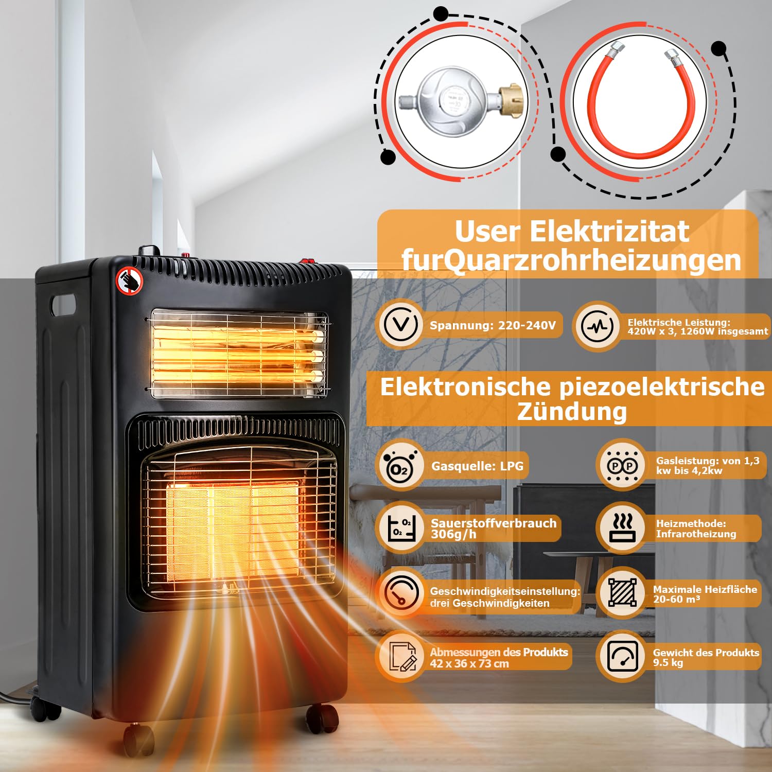 Piec gazowy 4,2 LW, składany, 1260 W, do LPG do 10 kg, zabezpieczenie przed przewróceniem, zapalnik piezoelektryczny, zabezpieczenie przed przegrzaniem, zużycie gazu 305 g/h