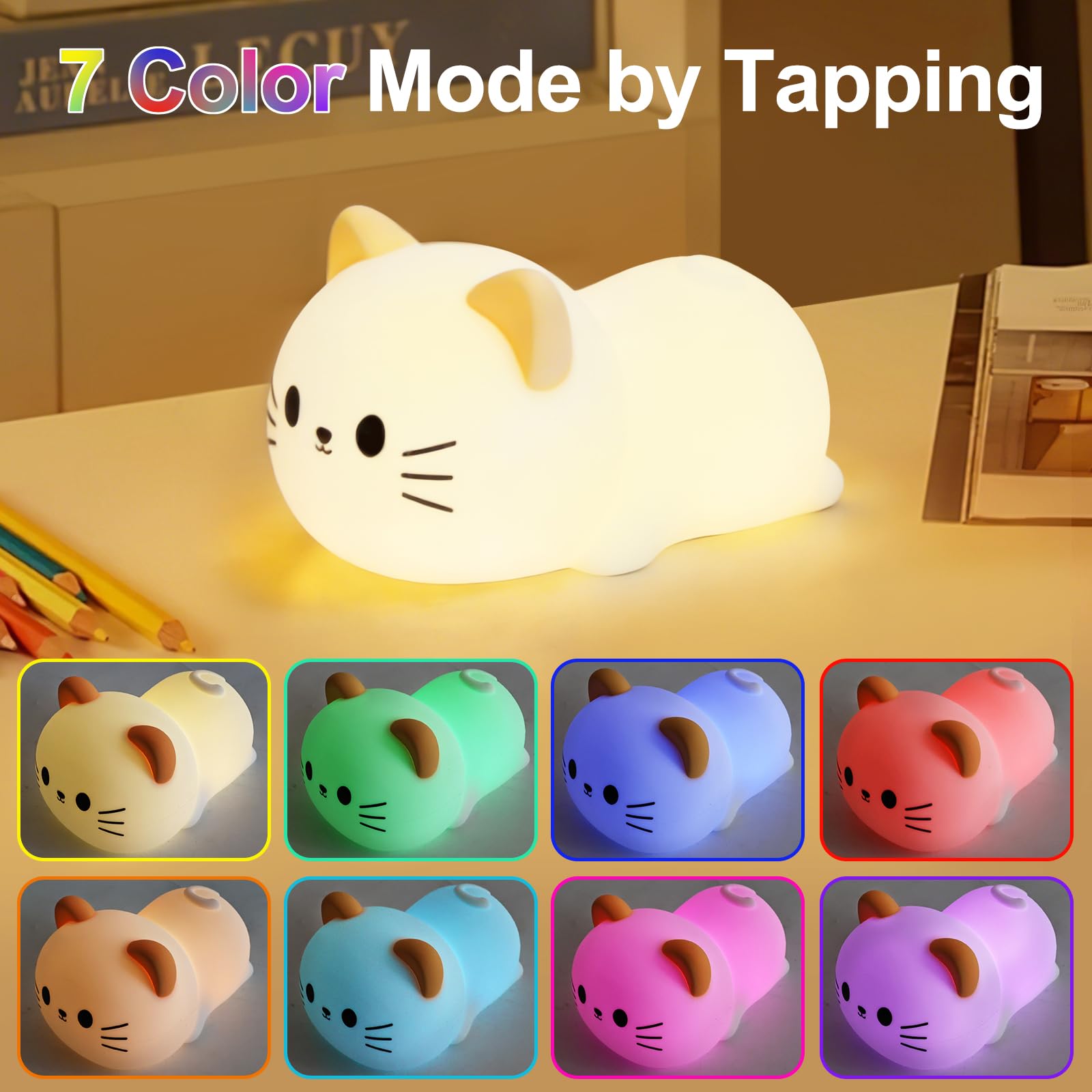 Katzen-Nachtlicht und Lampe für Baby-Kinderzimmer – weich liegendes Kätzchen-Nachtlicht, dimmbar und 7 RGB-Farben, umschaltbarer Tier-Sound, wiederaufladbar, BPA-frei, gut als Raumdekoration