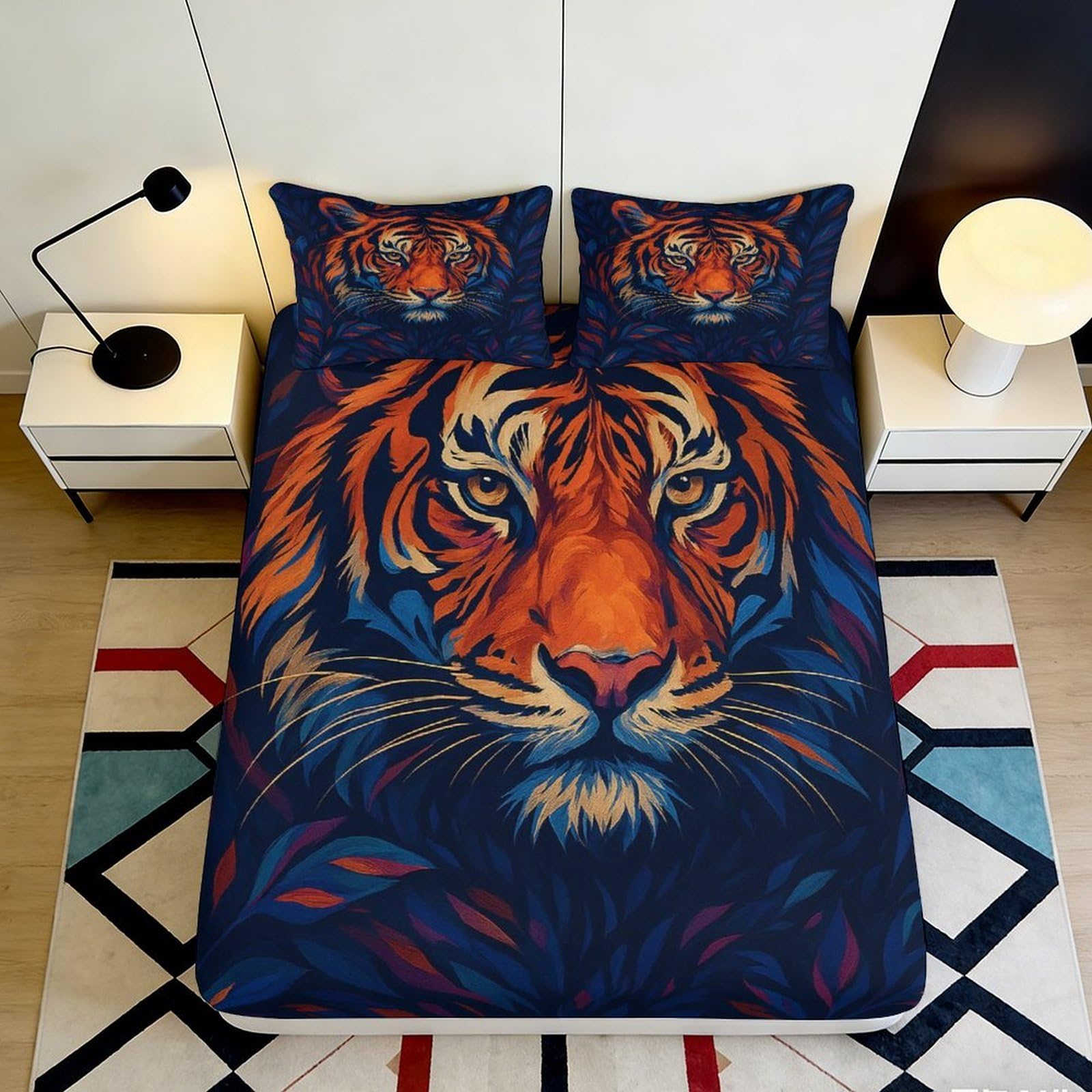 3D Printed Tiger Fitted Sheet Microfiber Deep Pocket Non-Slip Bedroom Bedding Tiger Mattress Fitted Cover Washable 160x200x25cm