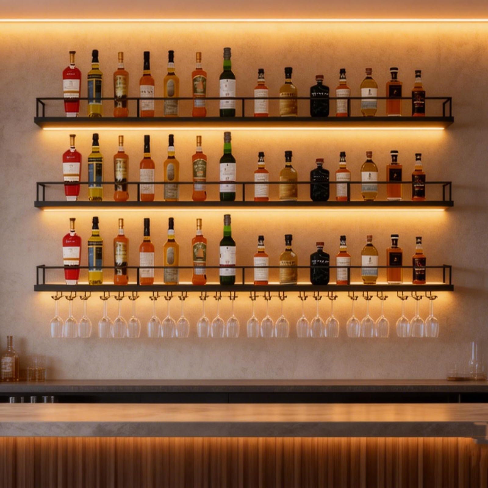Botellero de Pared Industrial con Luz LED, Estante de Vino de Metal 3 Niveles con Portavasos, Multifuncional, Negro/Dorado, Varios Tamaños para Cocina, Bar, Cafetería (Negro, 140CM)