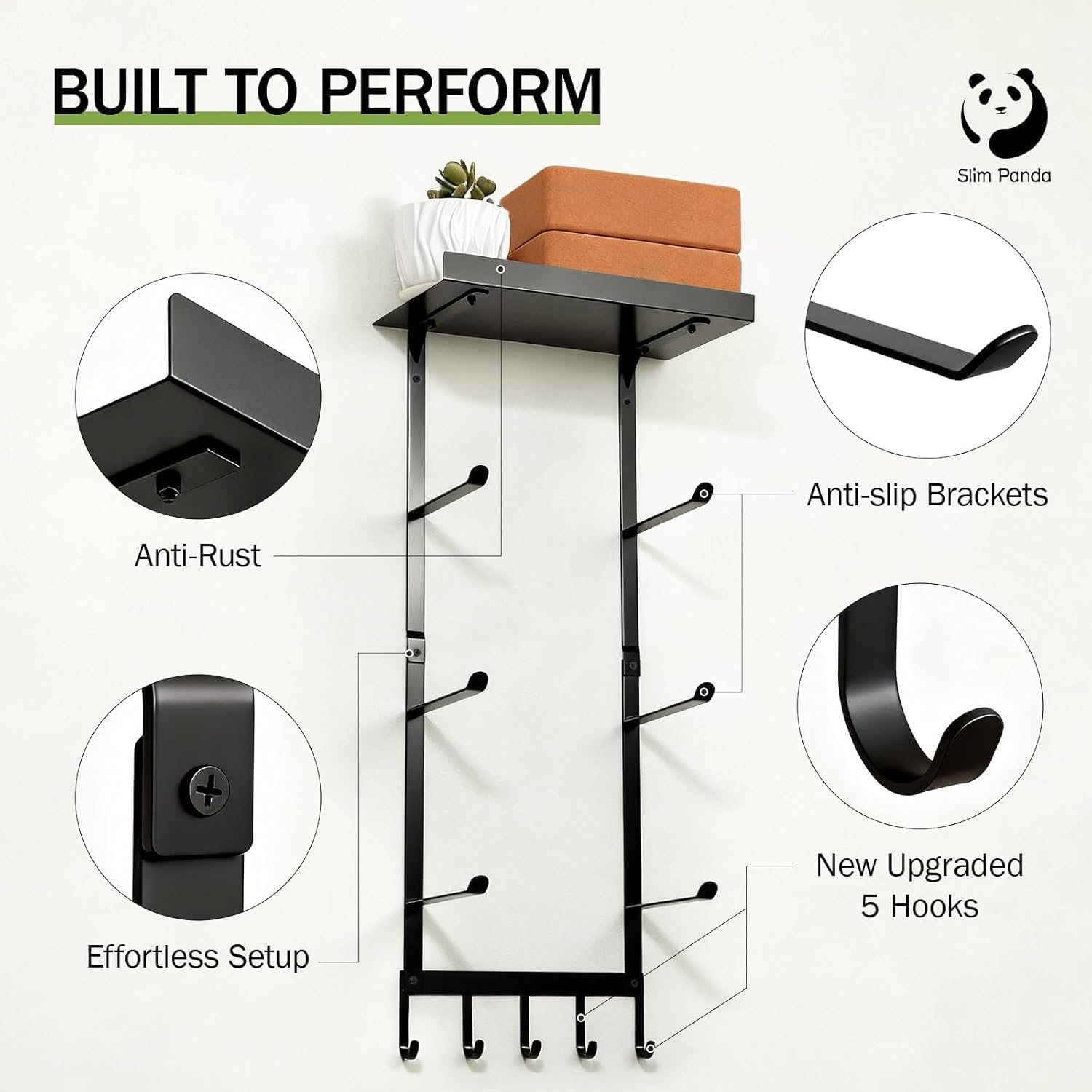 Slim Panda Yoga Mat Holder Wall Mount With Mesh Bag,Yoga Accessories Storage Rack,Home Gym Organizer with Metal Floating Shelf & 5 Hooks for Hanging Yoga Mats, Foam Roller, Resistance Bands