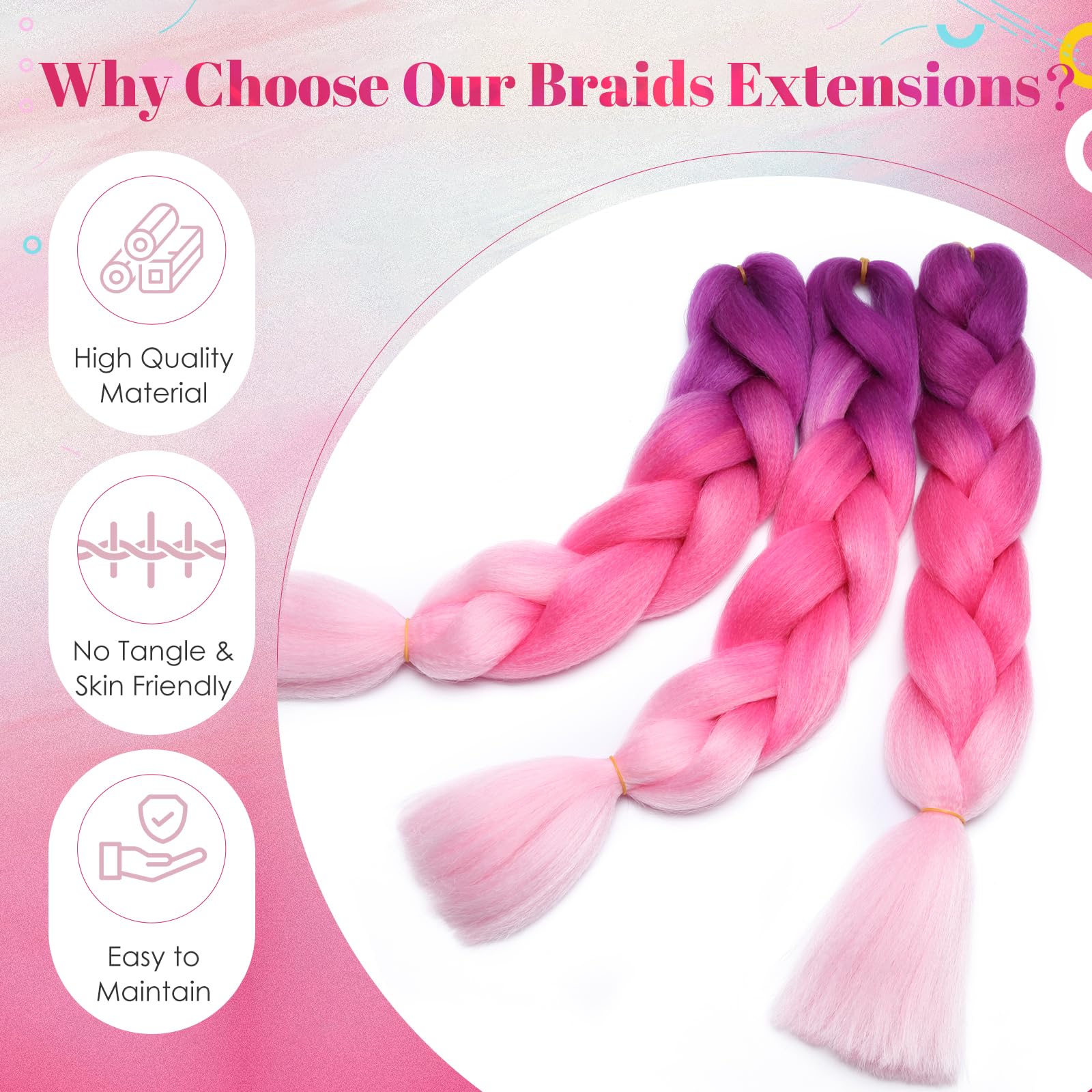 Benehair Braid Extensions 24 Inches Ombre Jumbo Braiding Hair Colorful Synthetic Hair Extensions for Braiding Hair Extensions for Women(Purple/Rosy/Pink - Image 4