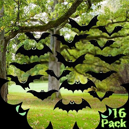 Hanging Bats Halloween Decorations Outdoor - 16 Pack Glowing Eyes