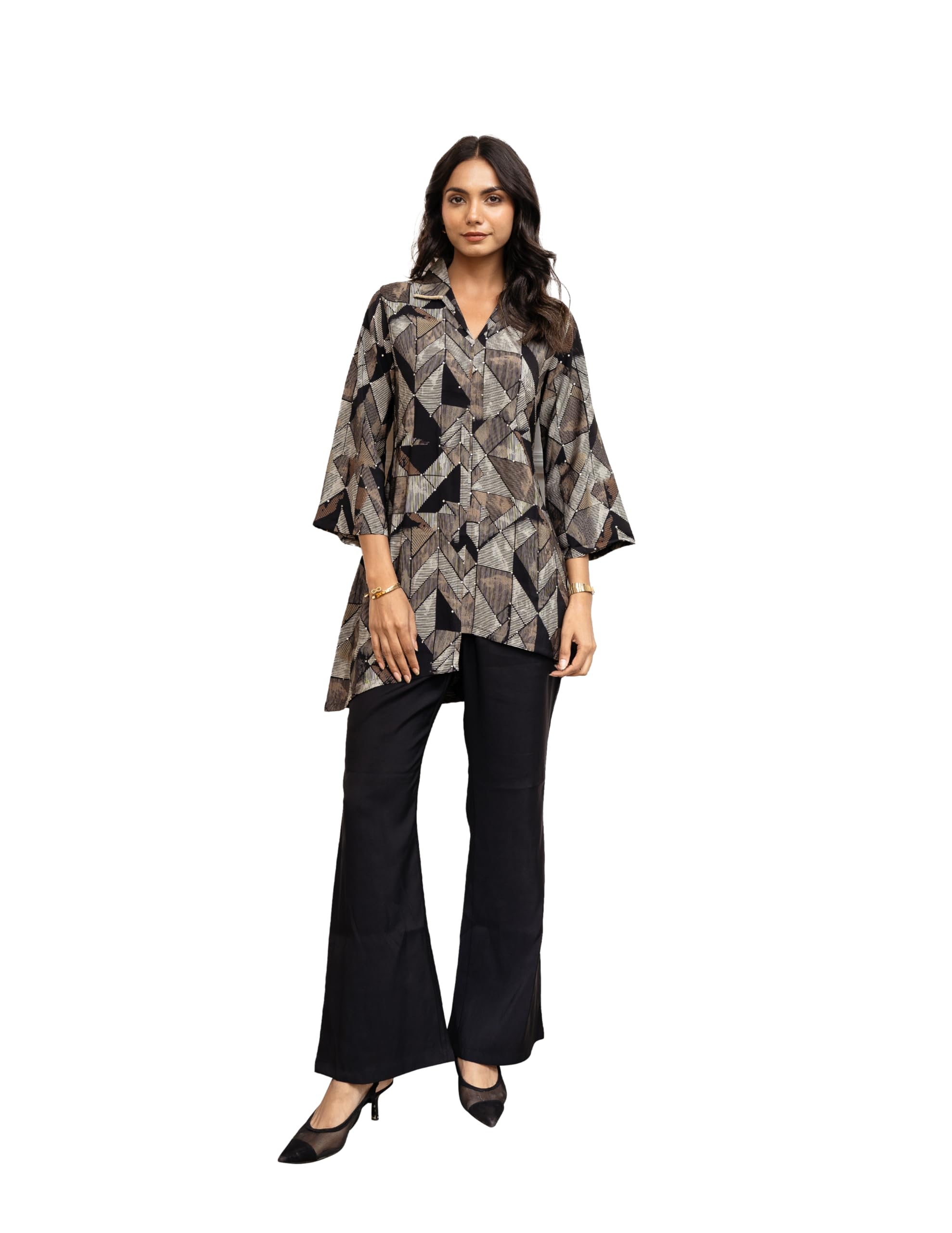 claura Black Geometric Printed Shirt Collar Tunic with Trousers-picture-32