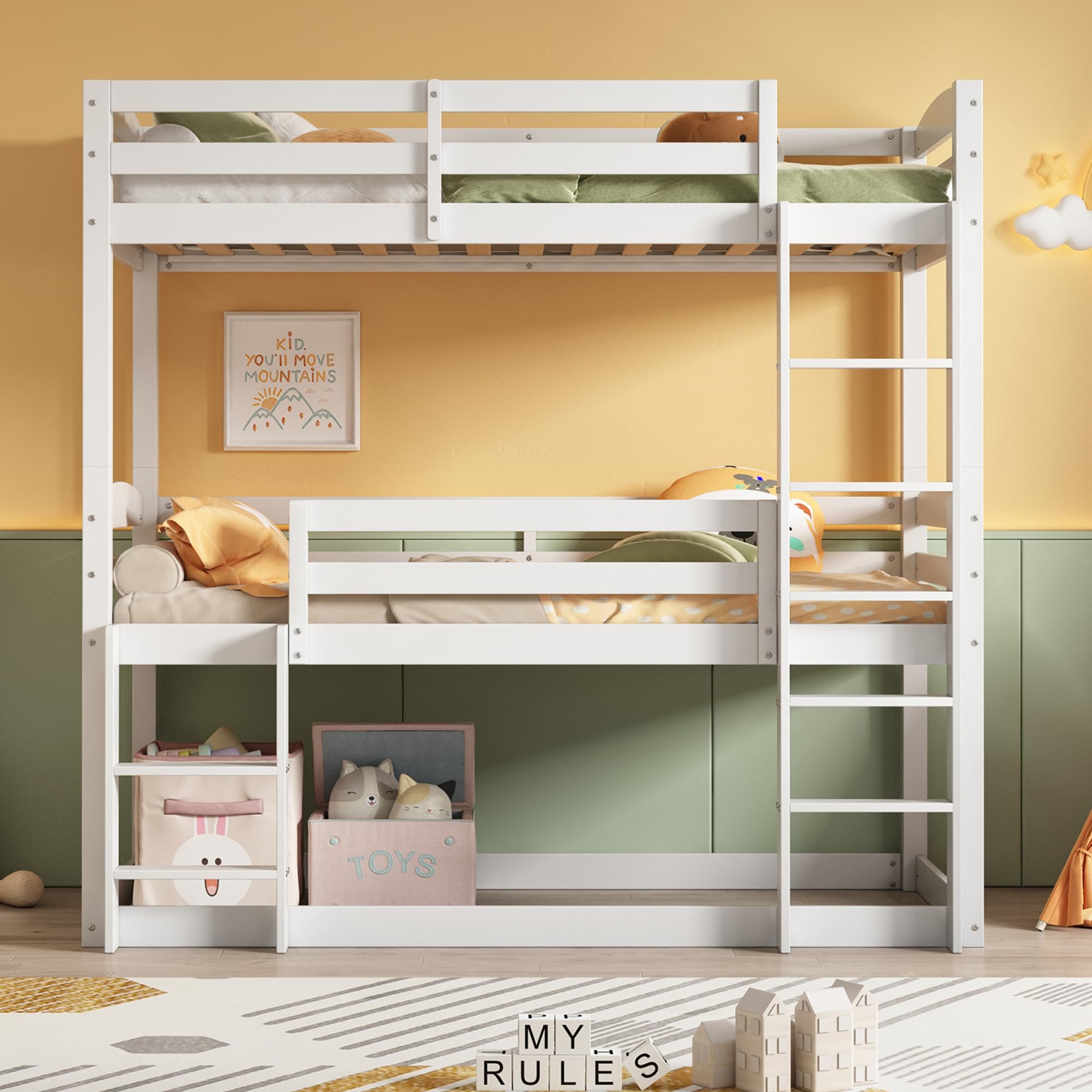 Kayan Triple Bunk Bed, 3FT Wooden Bunk Beds With Ladder Triple Sleeper Kids  Bunk Bed, Solid Pine Wood Single Bed frame For Kids Children Home, White