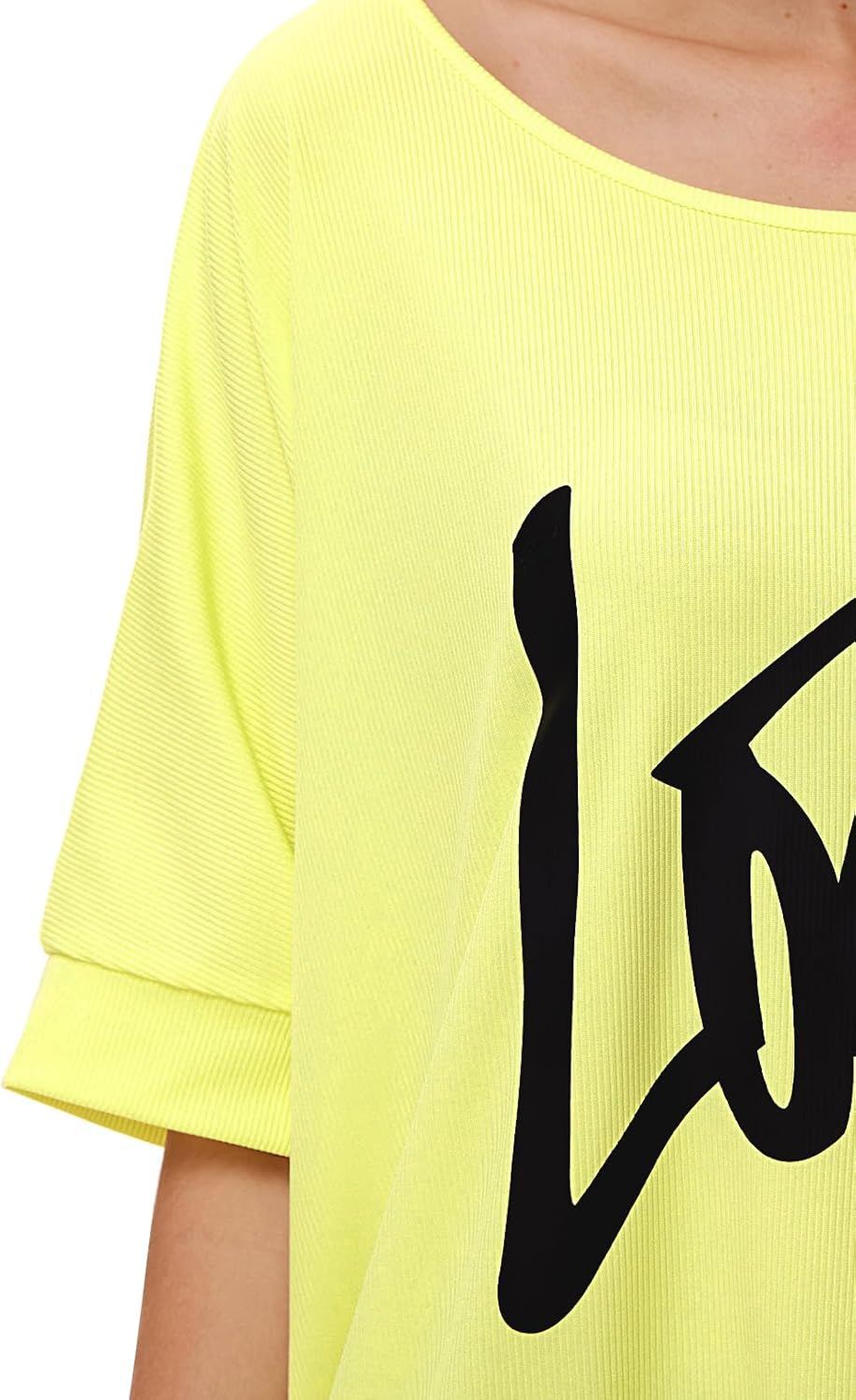Yisfri Women's Off The Shoulder Tunics Blouses Neon Batwing Summer Print T Shirts