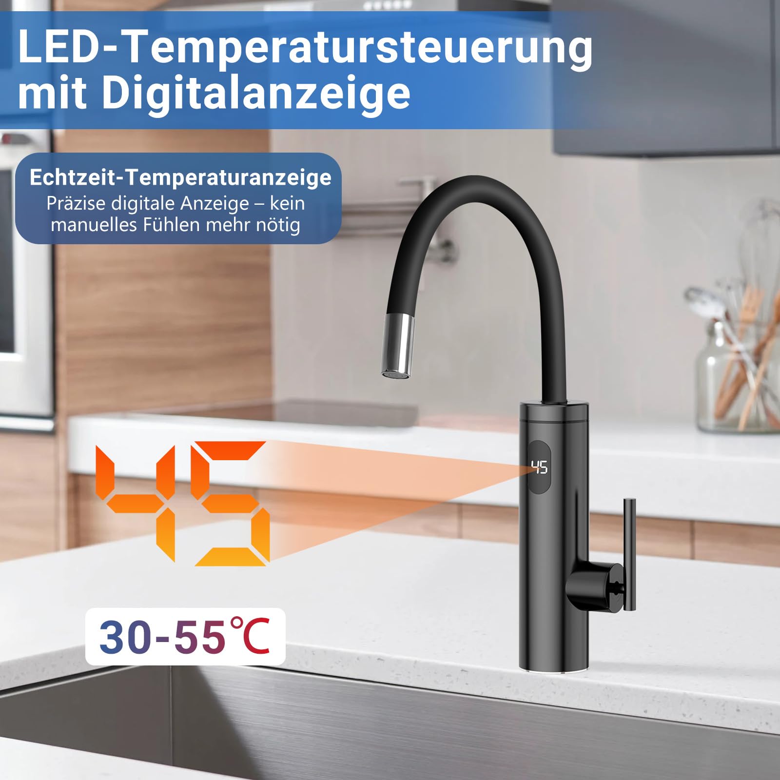 Robinet avec Chauffe-eau Instantané, 3300W Acier Inoxydable Mitigeur électrique avec Chauffe-eau Intégré avec 40cm Tuyau d'alimentation en Eau, 360° Flexible Rotatif, LED Température, Noir