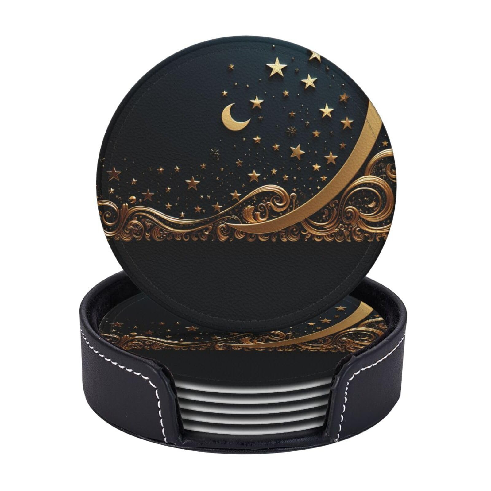 Round Coasters for Drinks Set of 6 - PU Leather Coasters with Holder - Modern Drink Coasters for Coffee Table - Golden Background and Crescent Moon Coaster for Tabletop Protection 4" Cup Mat Pad